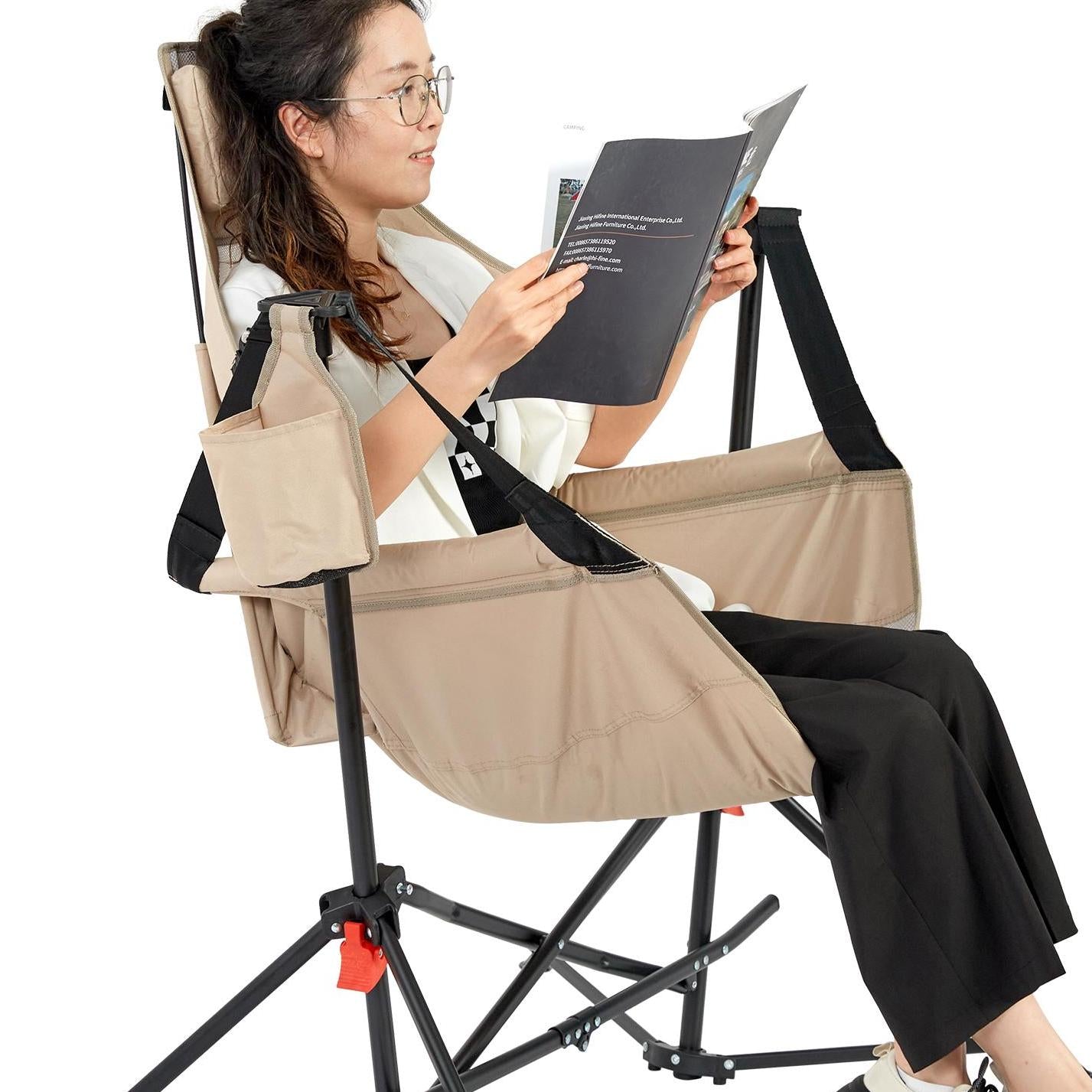 2-Pack Hammock Camping Chair with Adjustable Back and Pillow, Folding Rocking Chair with Cup Holder, Carry Bag, 38" L x 35" W x 42" H, Khaki