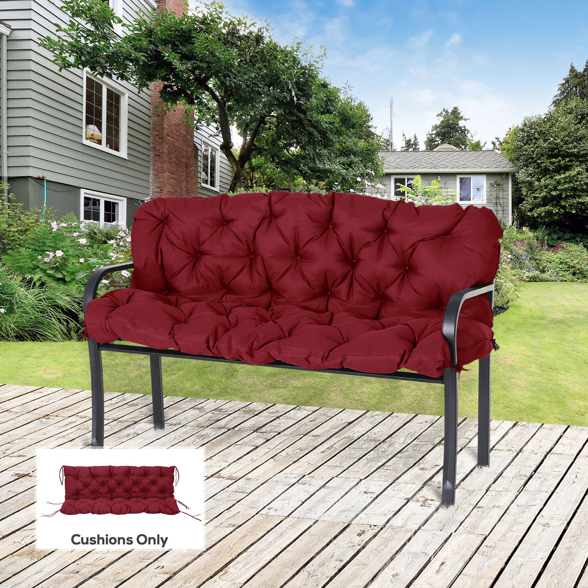59" x 38" Tufted Bench Cushion for Outdoor Furniture, 3-Seater Replacement for Swing Chair, Patio Sofa/Couch, Wine Red