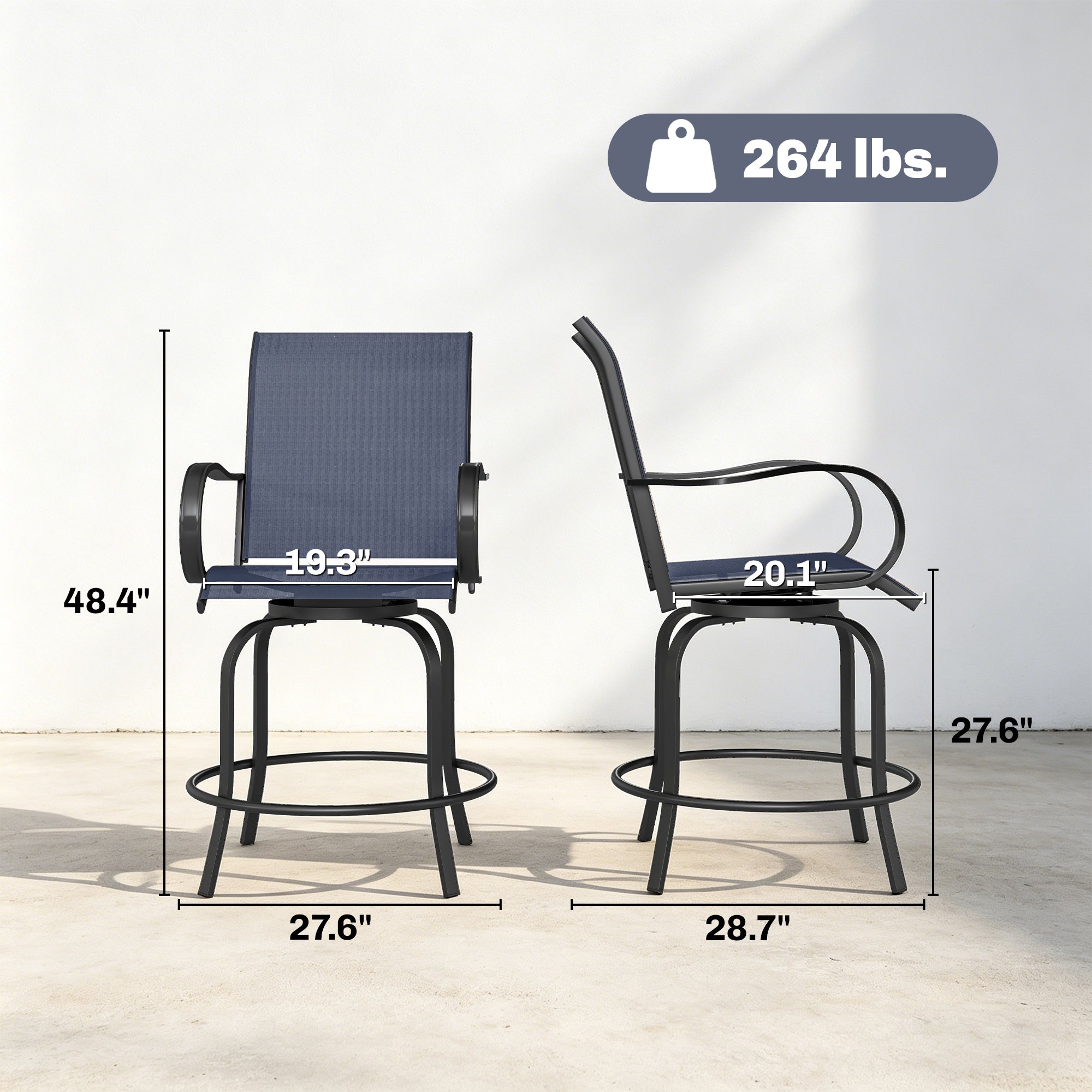 Outdoor Bar Stools Set of 2, 360° Swivel Bar Height Chairs, 26.75" x 29.5" x 48.5", Navy Blue