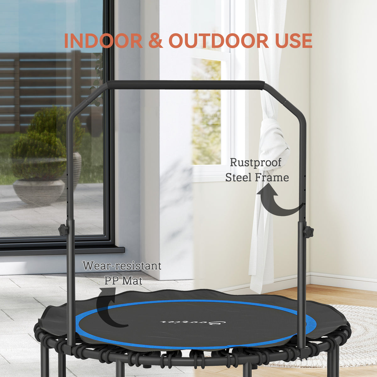 45" Rebounder Trampoline for Adults, Foldable Mini Trampoline with Adjustable Handle Bar for Indoor Outdoor, Blue