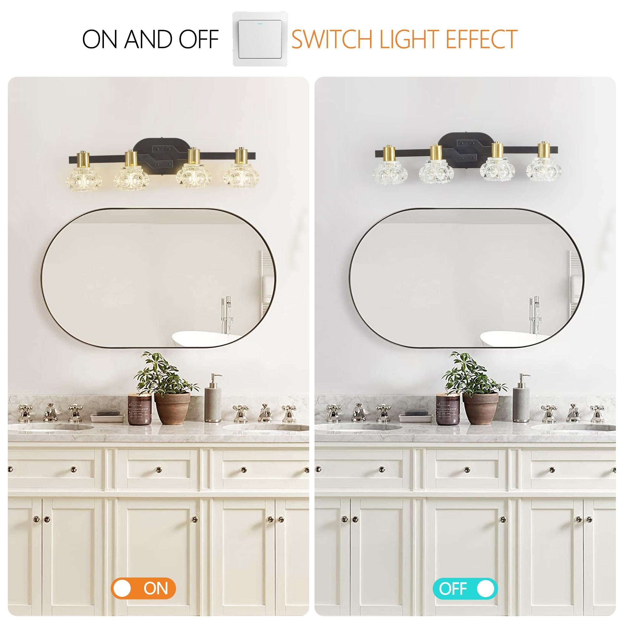23.5" Vintage 4-Light Wall Sconce with Crystal Shades, Iron Finish, Vanity Light Fixture for Bathroom, Hallway, 23.5" L x 5.5" W x 5" H, Black+Gold