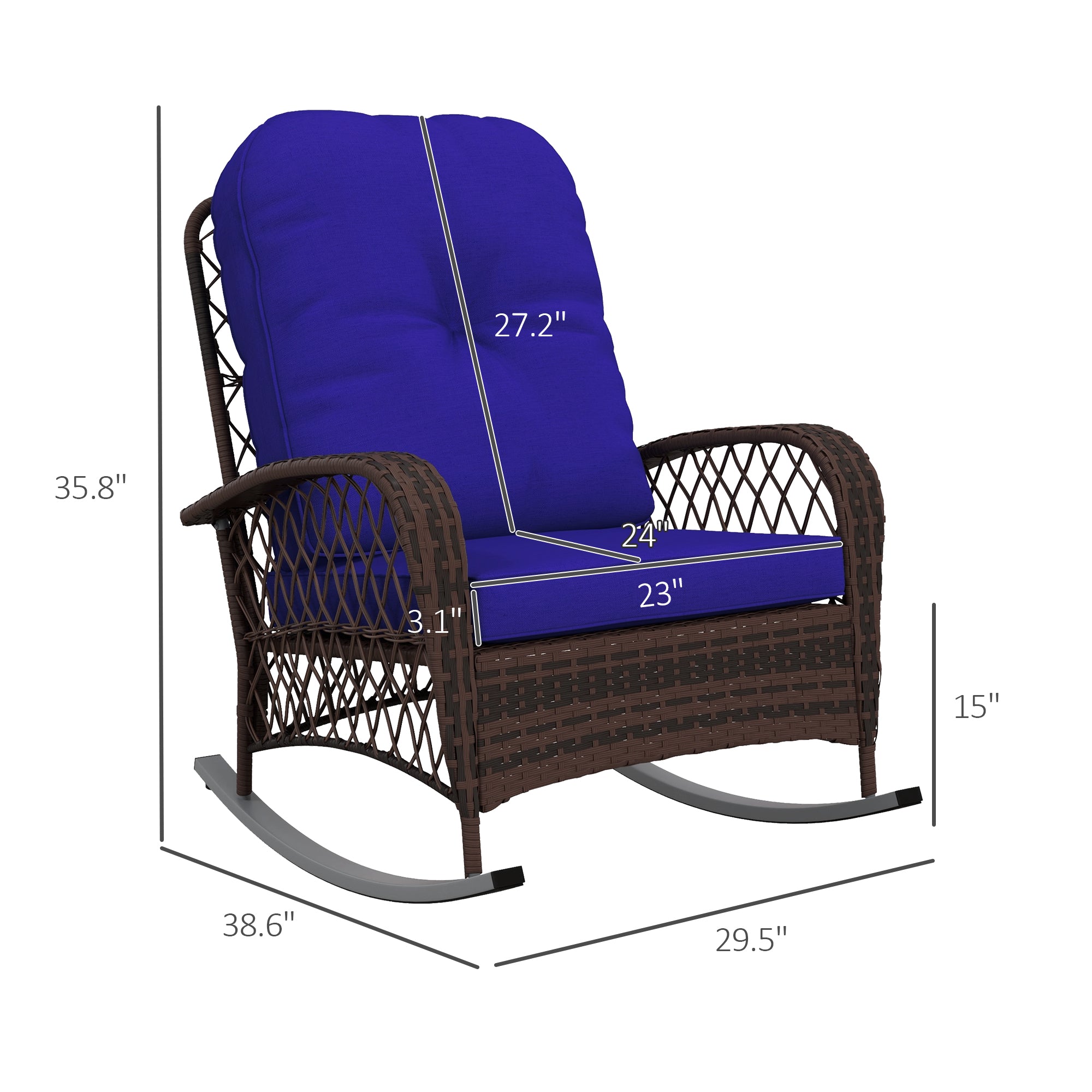 Rattan Porch Rocker w/ Plush Cushion, Dark Blue