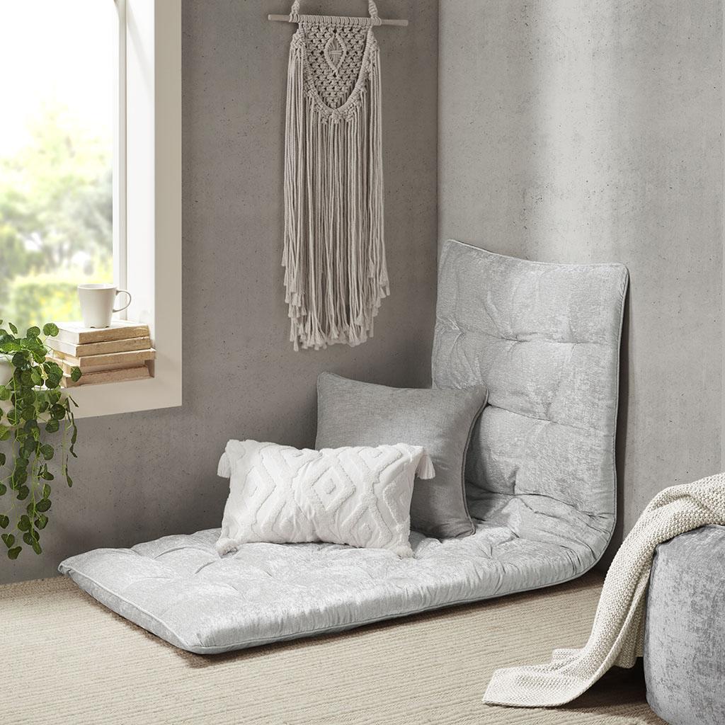 Lightweight Poly Chenille Floor Pillow Cushion with Tufted Detailing, Travel Wrap, Versatile Long Lounger for Relaxing, 74" L x 27" W x 3" H, Gray