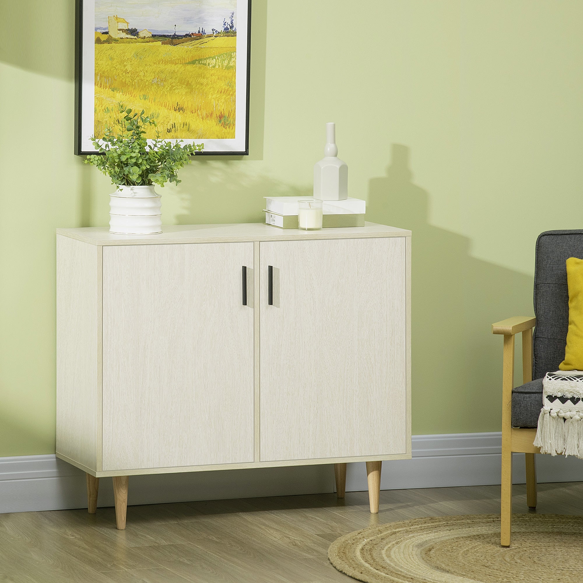 Sideboard Buffet Cabinet with Double Doors, Adjustable Shelves and Wood Legs for Living Room, Natural