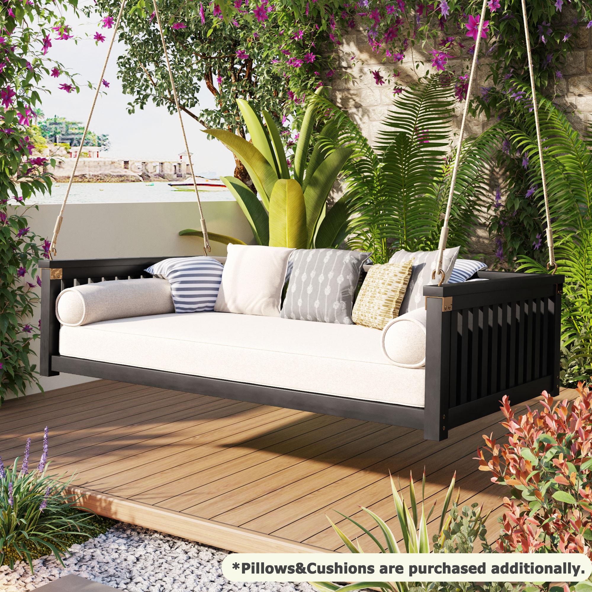 Twin Size Acacia Wood Porch Swing with Ropes for Patio & Garden, Hanging Swing Bed with Sloped Design, 79'' L x 41.5'' W x 21'' H, Black