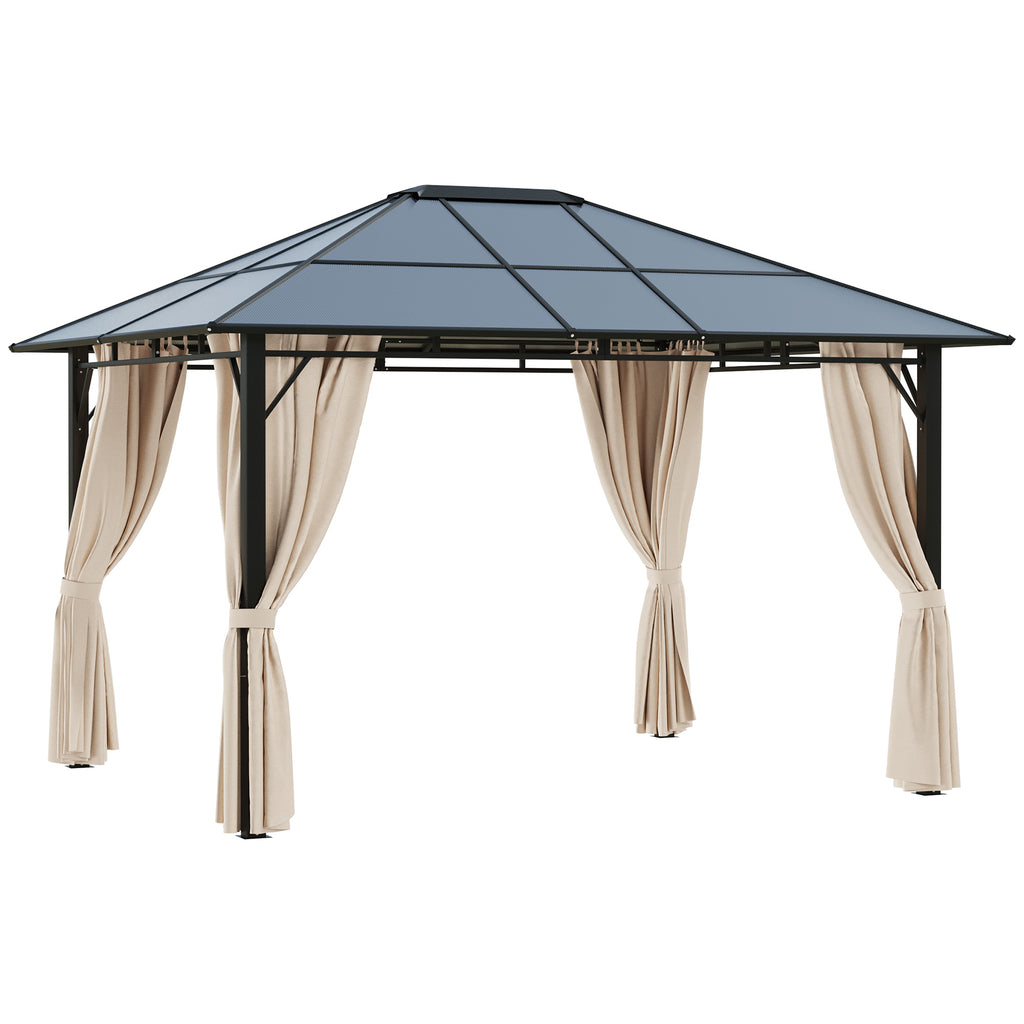 10' x 12' Hardtop Gazebo Canopy with Polycarbonate Roof, Aluminum Frame, Permanent Pavilion Outdoor Gazebo with Curtains for Patio, Garden, Backyard, Deck, Lawn, Dark Brown, Off-White