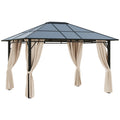 10' x 12' Hardtop Gazebo Canopy with Polycarbonate Roof, Aluminum Frame, Permanent Pavilion Outdoor Gazebo with Curtains for Patio, Garden, Backyard, Deck, Lawn, Dark Brown, Off-White