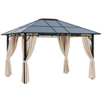 10' x 12' Hardtop Gazebo Canopy with Polycarbonate Roof, Aluminum Frame, Permanent Pavilion Outdoor Gazebo with Curtains for Patio, Garden, Backyard, Deck, Lawn, Dark Brown, Off-White