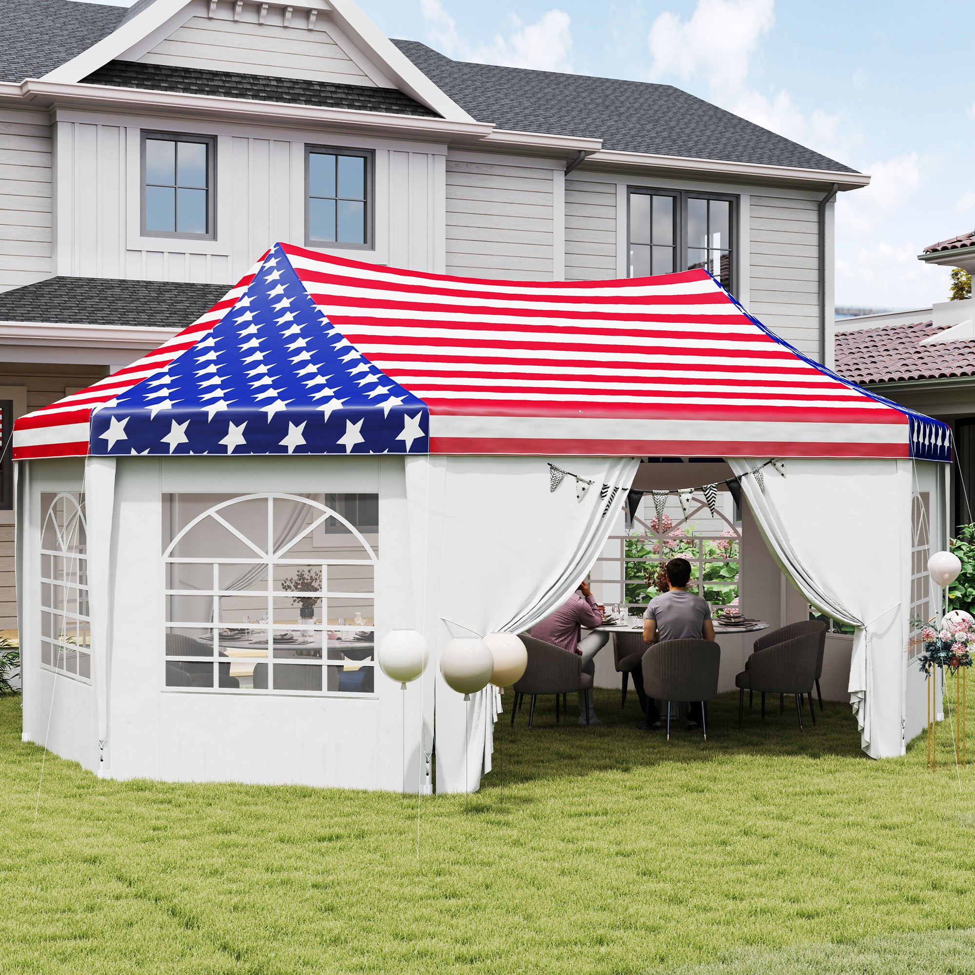 22.3 x 16.4 ft Heavy Duty Party Tent, Outdoot Canopy Tent with 2 Doors and 6 Windows, American Flag