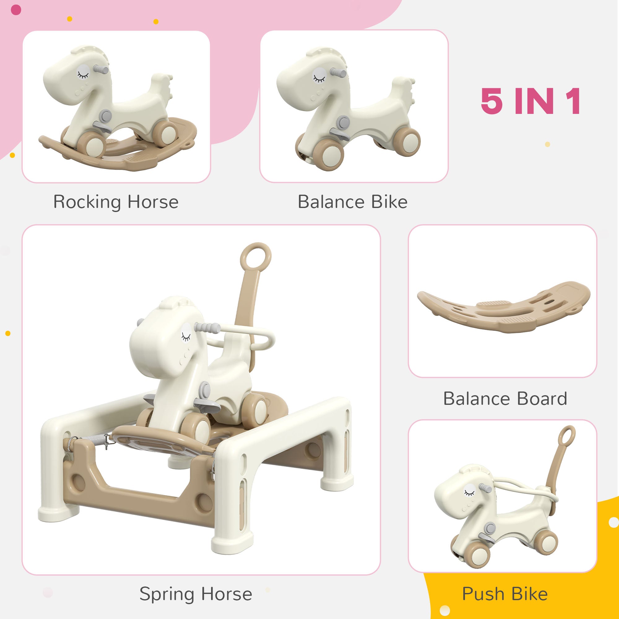 5 in 1 Rocking Horse for Toddlers 1-3 Years with Detachable Balance Board, Push Handle, Footrest, Cream White