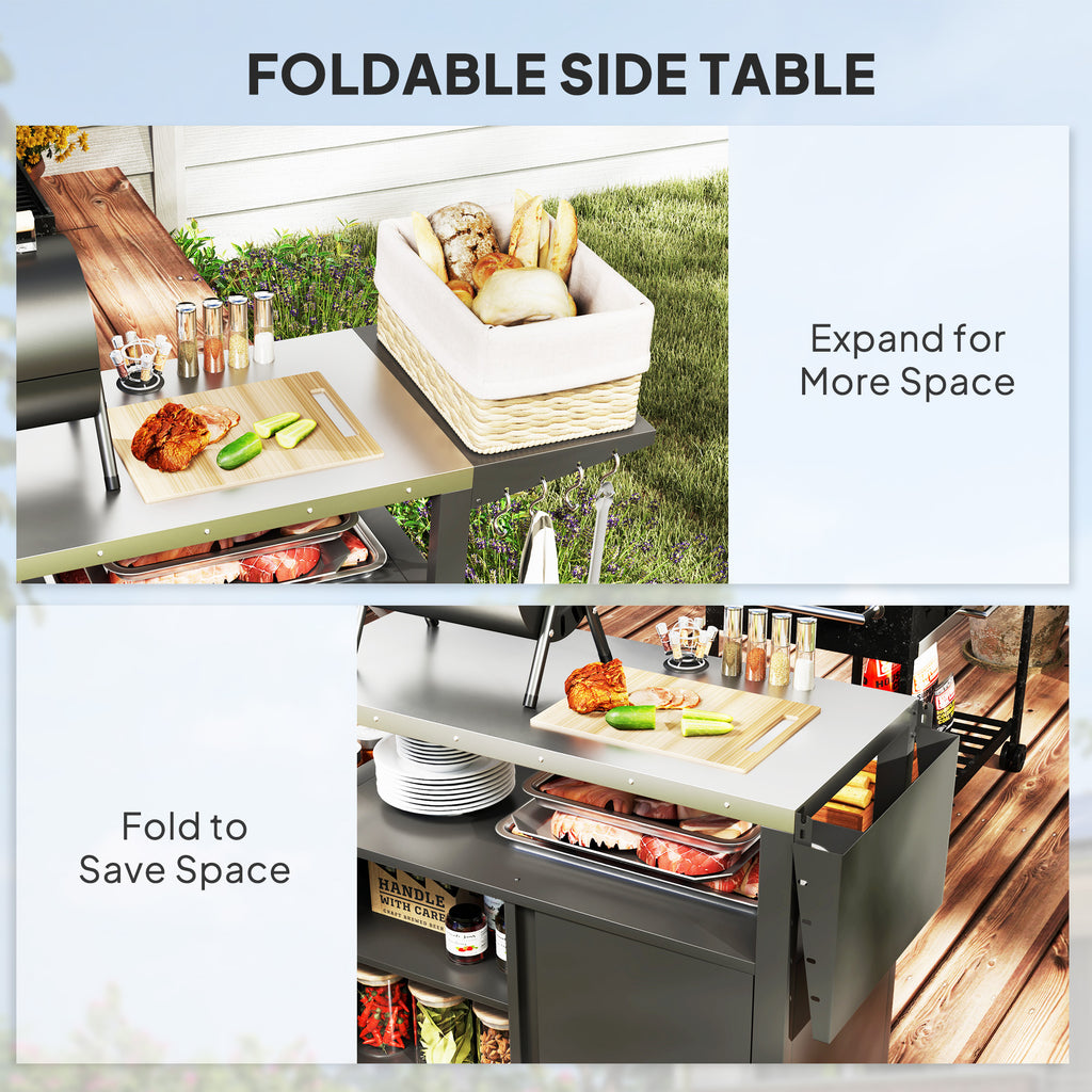 Outdoor Grill Cart Table with Stainless Steel Top, Movable Pizza Oven Table with Foldable Side Table, Wheels