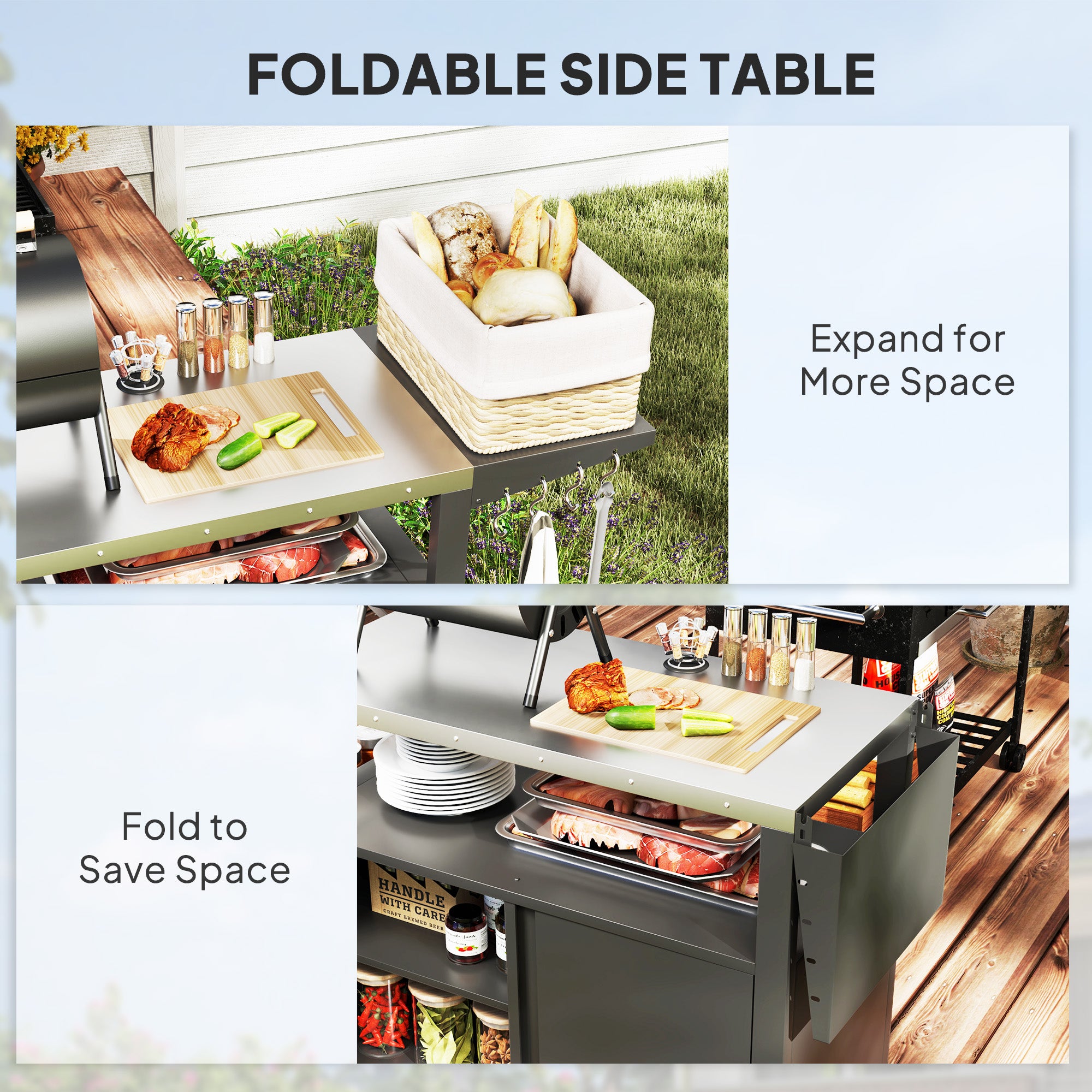 Outdoor Grill Cart Table with Stainless Steel Top, Movable Pizza Oven Table with Foldable Side Table, Wheels