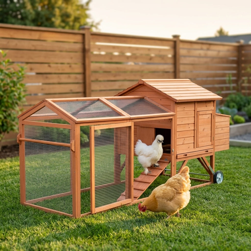 96.5" Chicken Coop Wooden Hen House Poultry Cage Pen Portable with Wheels and Nesting Box, Chicken Cage for Backyard Outdoor, Natural