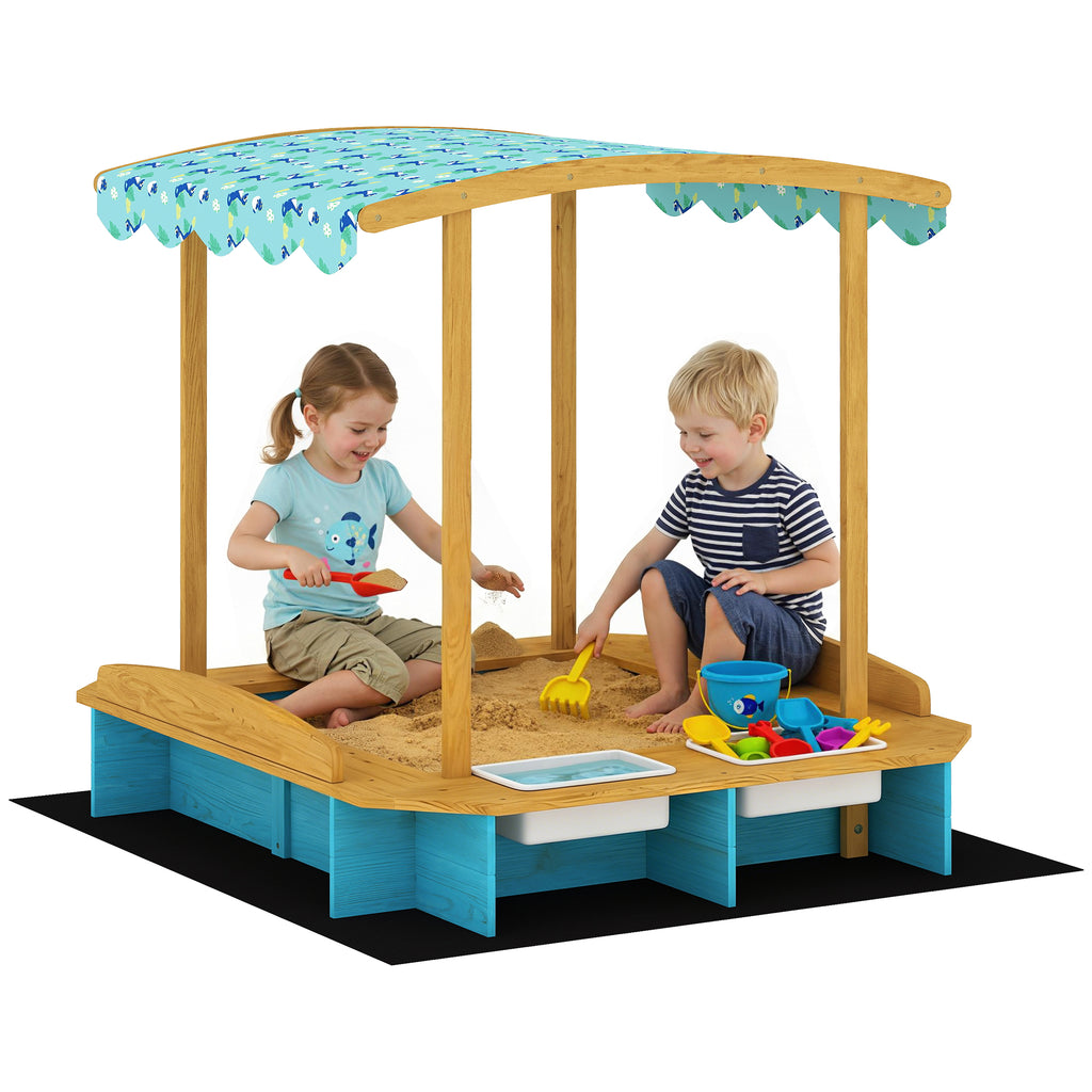 Wooden Sandbox with Dinosaur Print Canopy Kids Sandbox Outdoor with Bench Seats & 2 Storage Bins