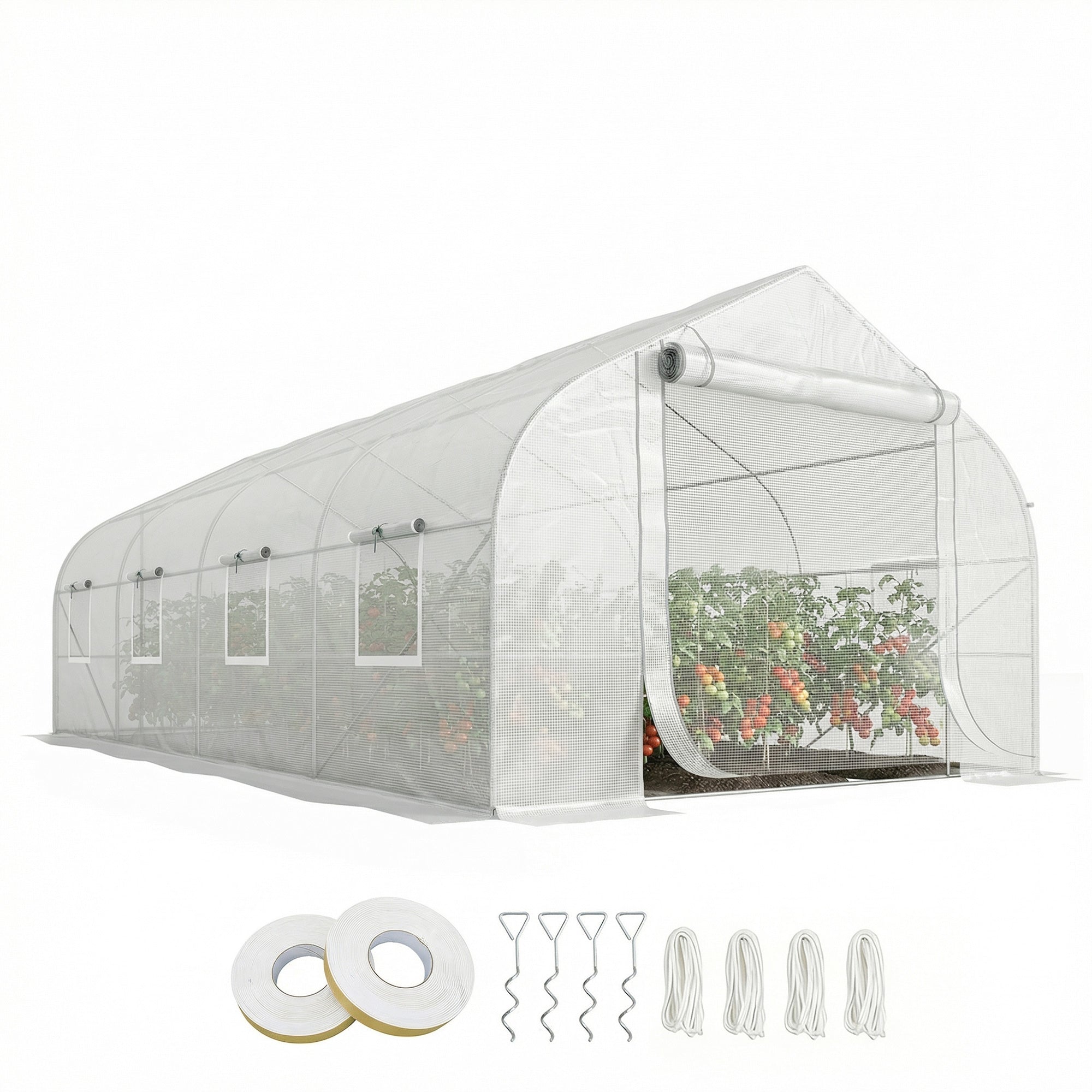 20 x10 x7 ft Walk-in Tunnel Greenhouse with Zippered Mesh Door and 8 Mesh Windows, Gardening Plant Hot House with Galvanized Steel Hoops, White
