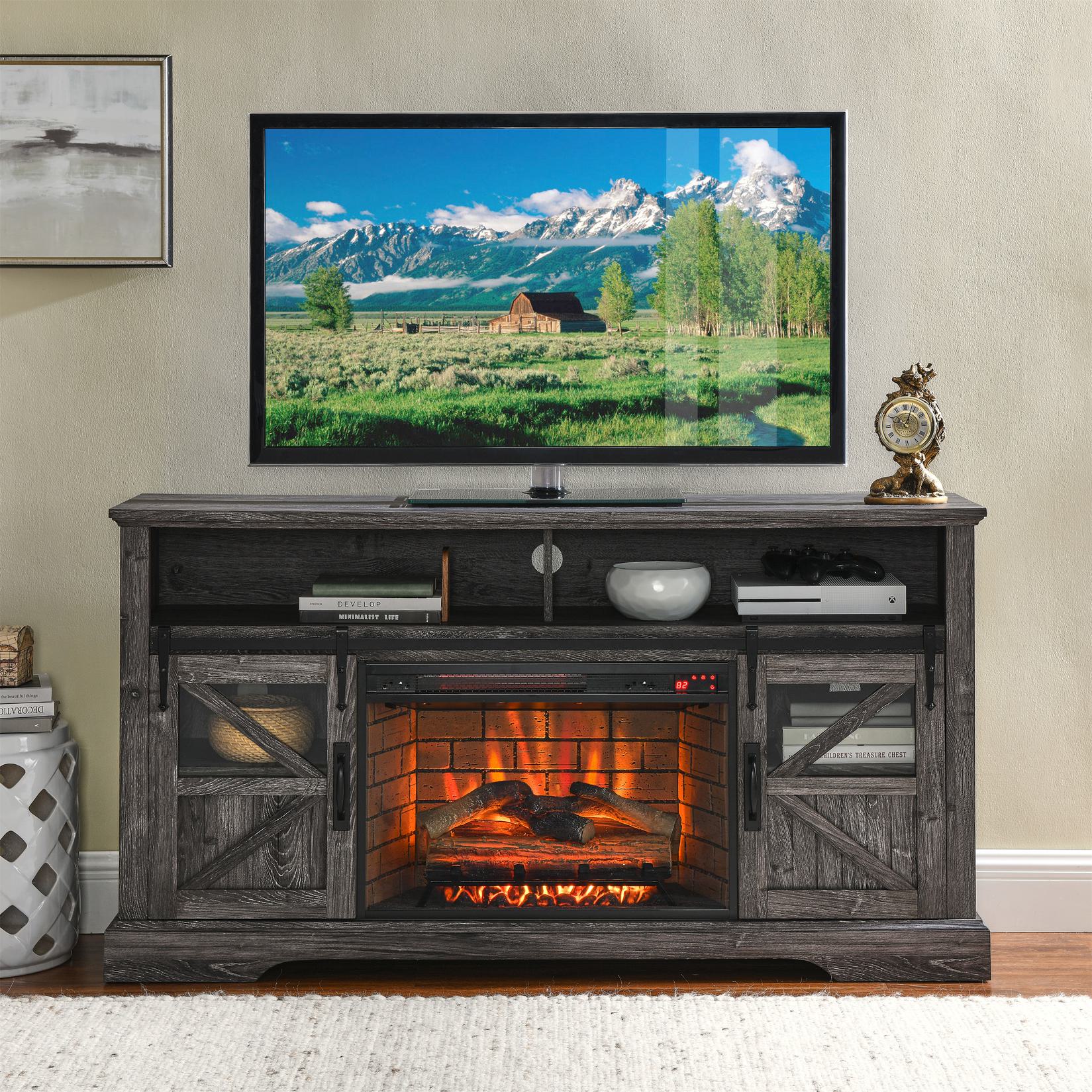 60" Electric Fireplace Entertainment Center with Door Sensor, Adjustable Shelves, Remote Control, 60" L x 16" W x 32" H, Dark Oak