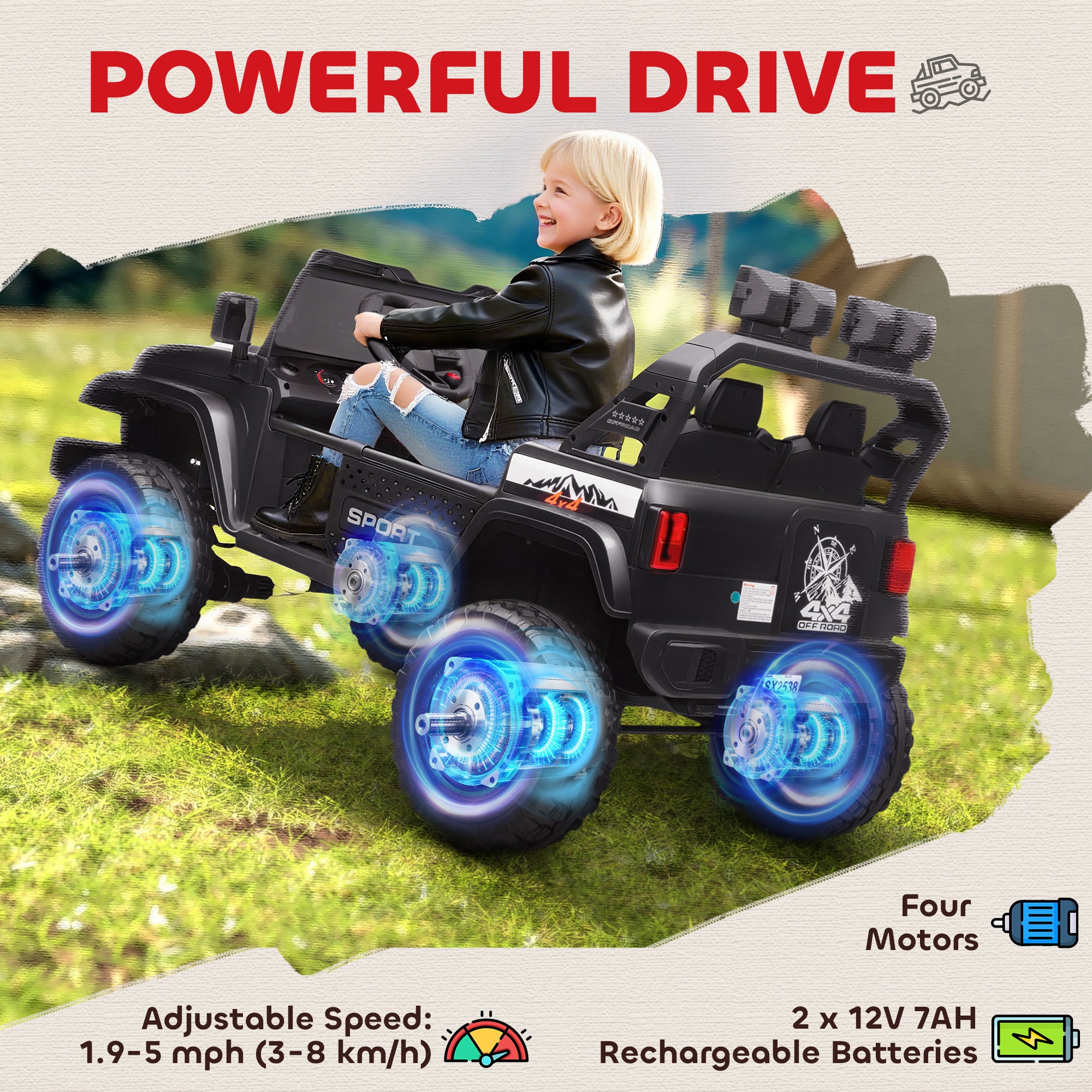 Ride on Truck Car with 2-Seater, 24V Electric Car with 4 Motors, Remote Control, Spring Suspension for 3-8 Years, Black