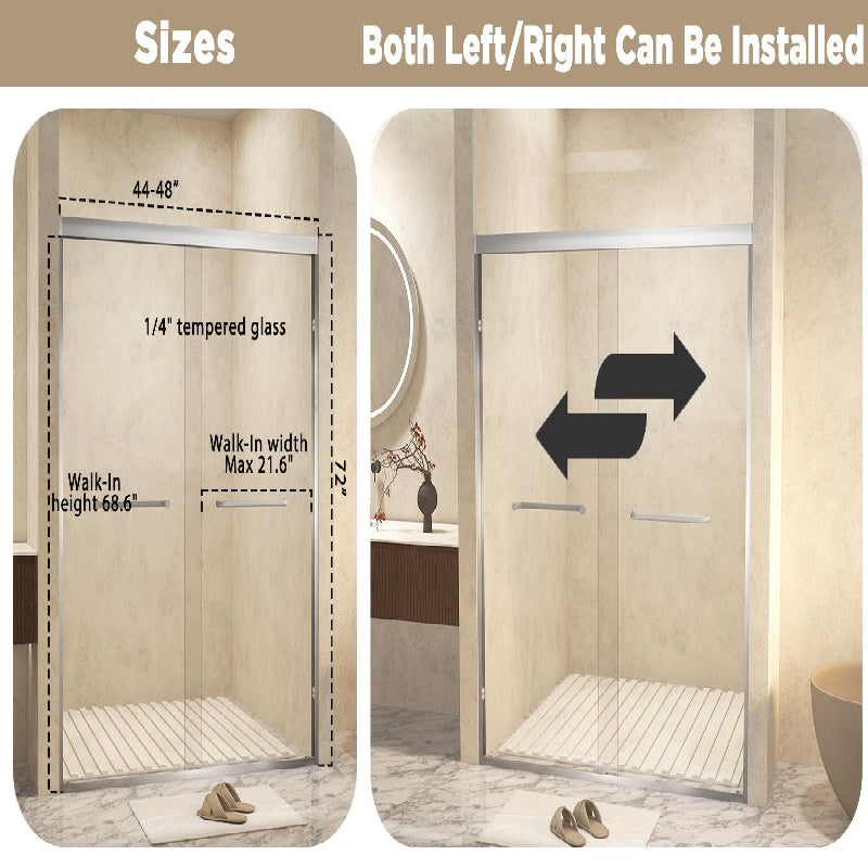 Double Sliding Shower Door with Explosion-Proof Safety Film and Stainless Steel Handle, Panel for Bathroom, 48" L x 0.5" W x 72" H, Brushed Nickel
