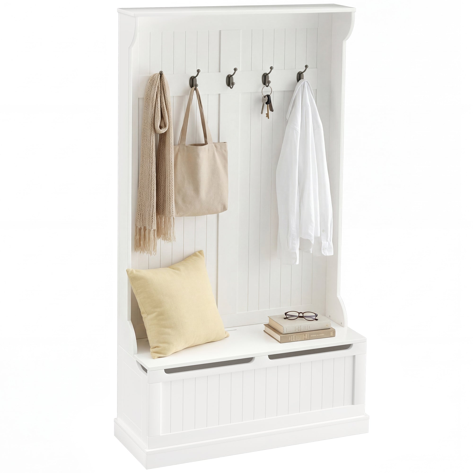 3-In-1 Entryway Bench with Coat Rack, Hall Tree with Bench and Shoe Storage, 5 Hooks for Hallway Cream White