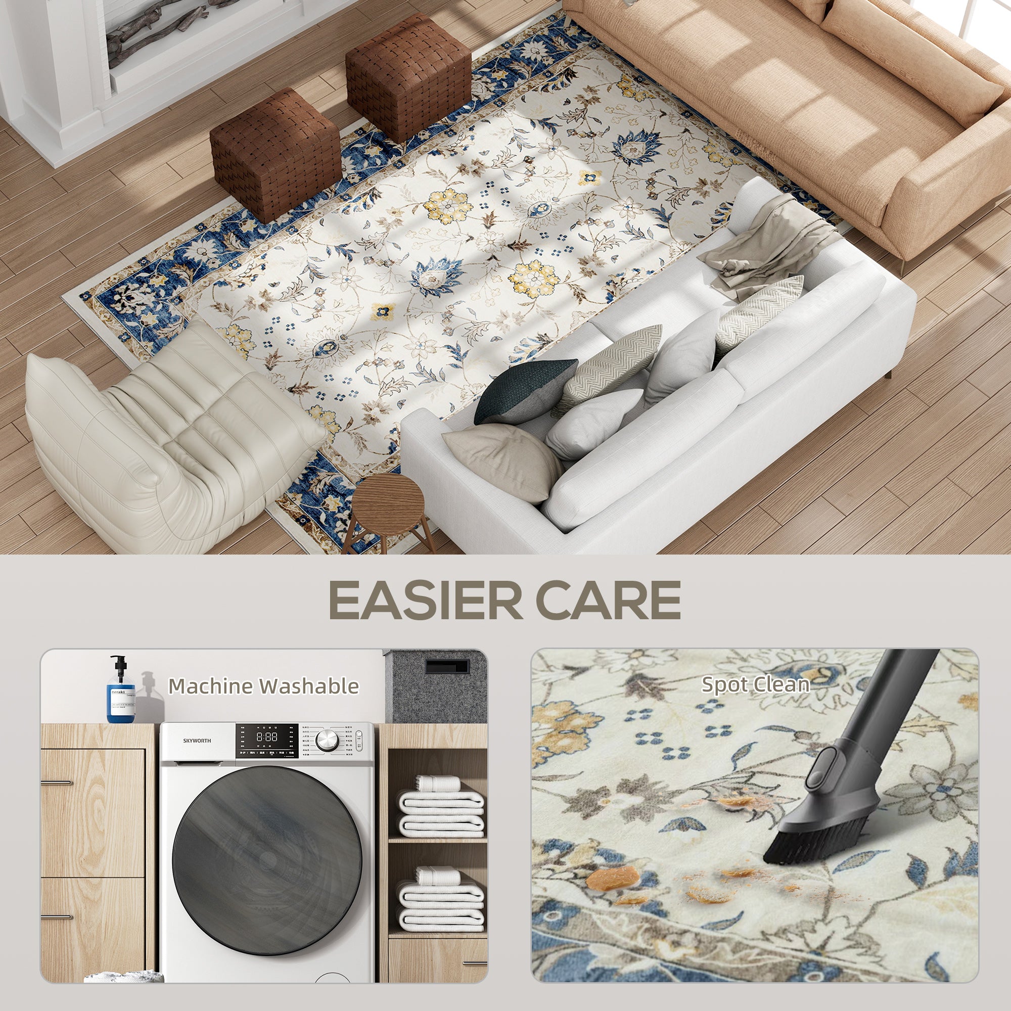 Machine Washable Area Rug 8x10, Non-Slip Boho Floral Print Floor Carpet for Living Room, Bedroom, Dining Room, Blue