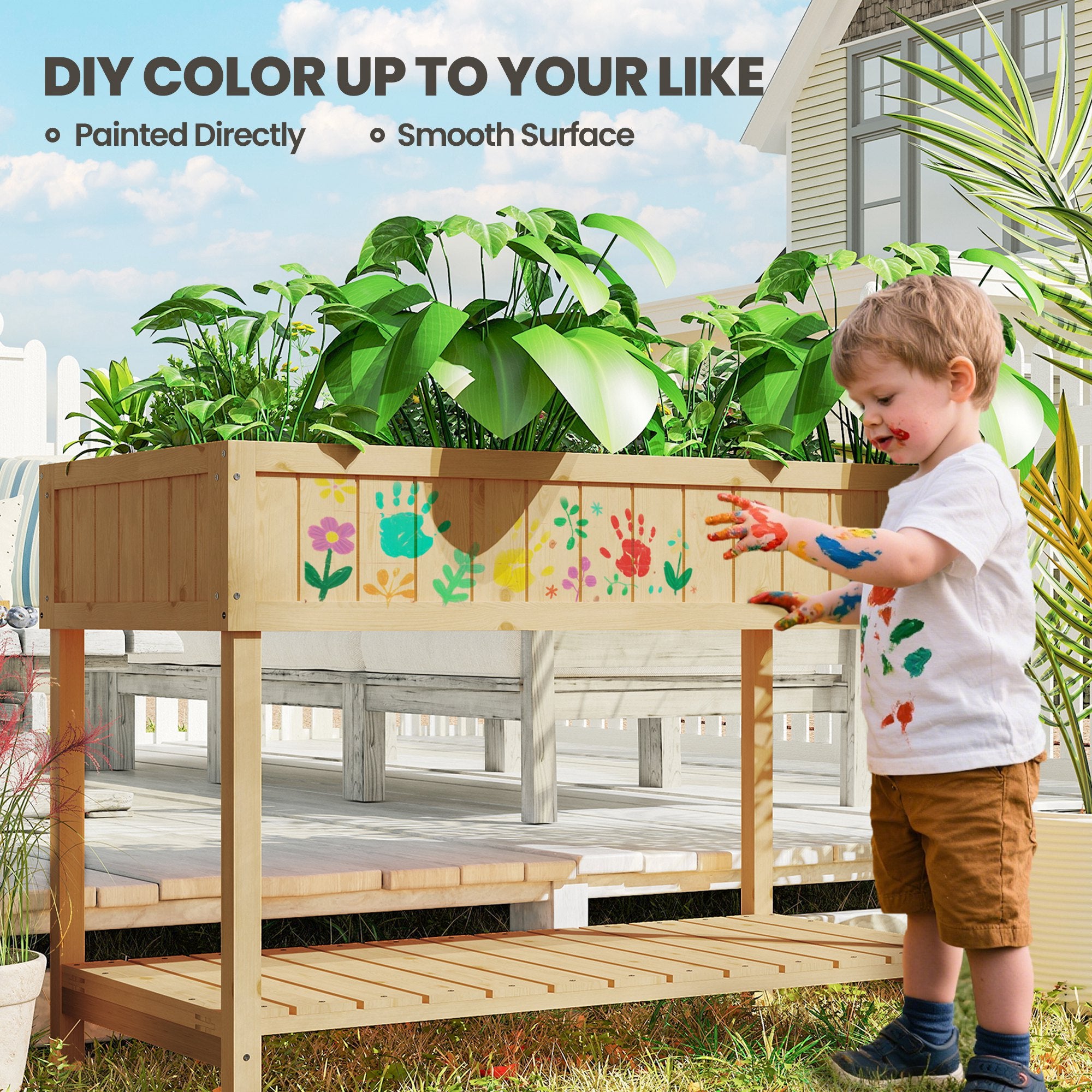 43x18x30in Raised Garden Bed with 8 Pockets and Shelf, Wooden Elevated Planter Box with Legs to Grow Herbs, Vegetables, and Flowers, Natural