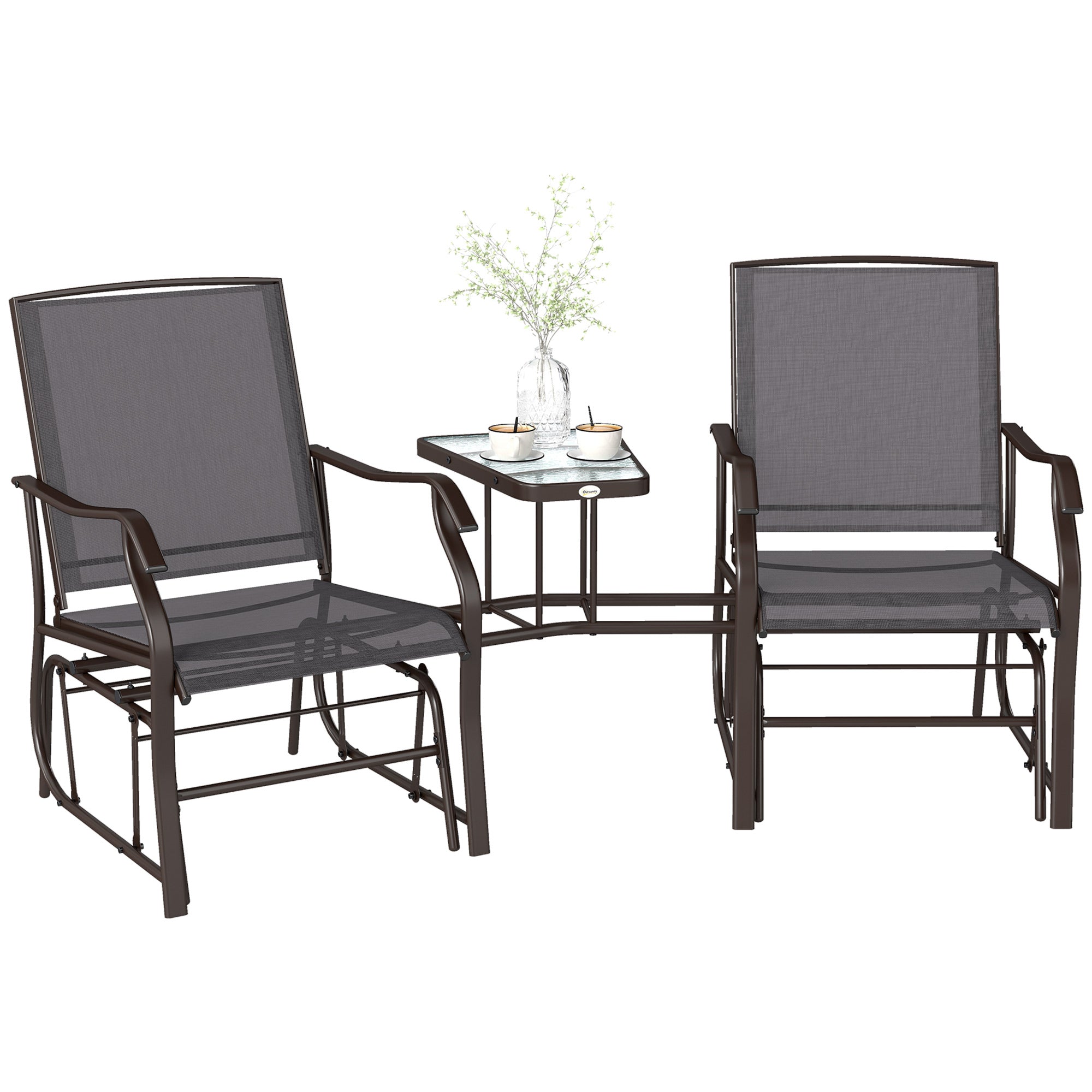Outdoor Glider Chairs with Coffee Table, Patio 2-Seat Rocking Chair Swing Loveseat with Breathable Sling for Backyard, Garden, and Porch, Gray