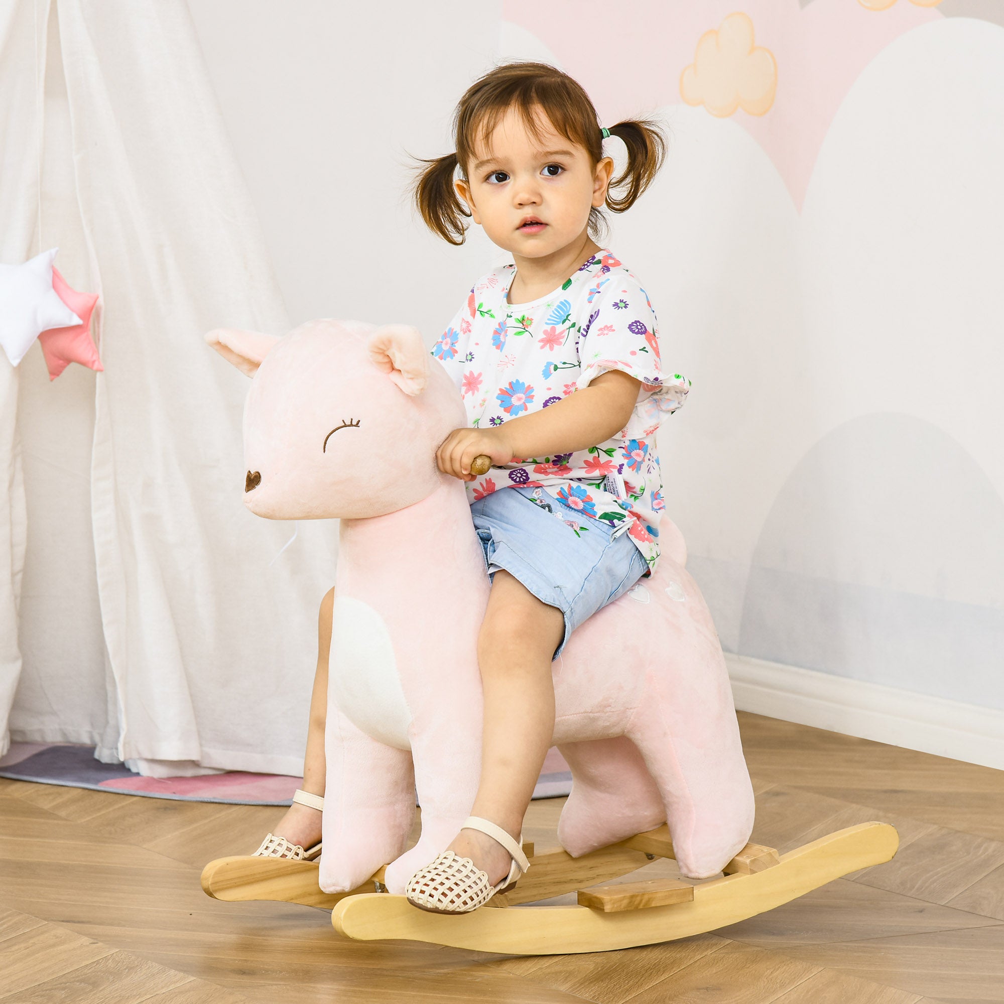 Kids Plush Ride-On Rocking Horse Deer-shaped Plush Toy Rocker with Realistic Sounds for Child 36-72 Months Pink