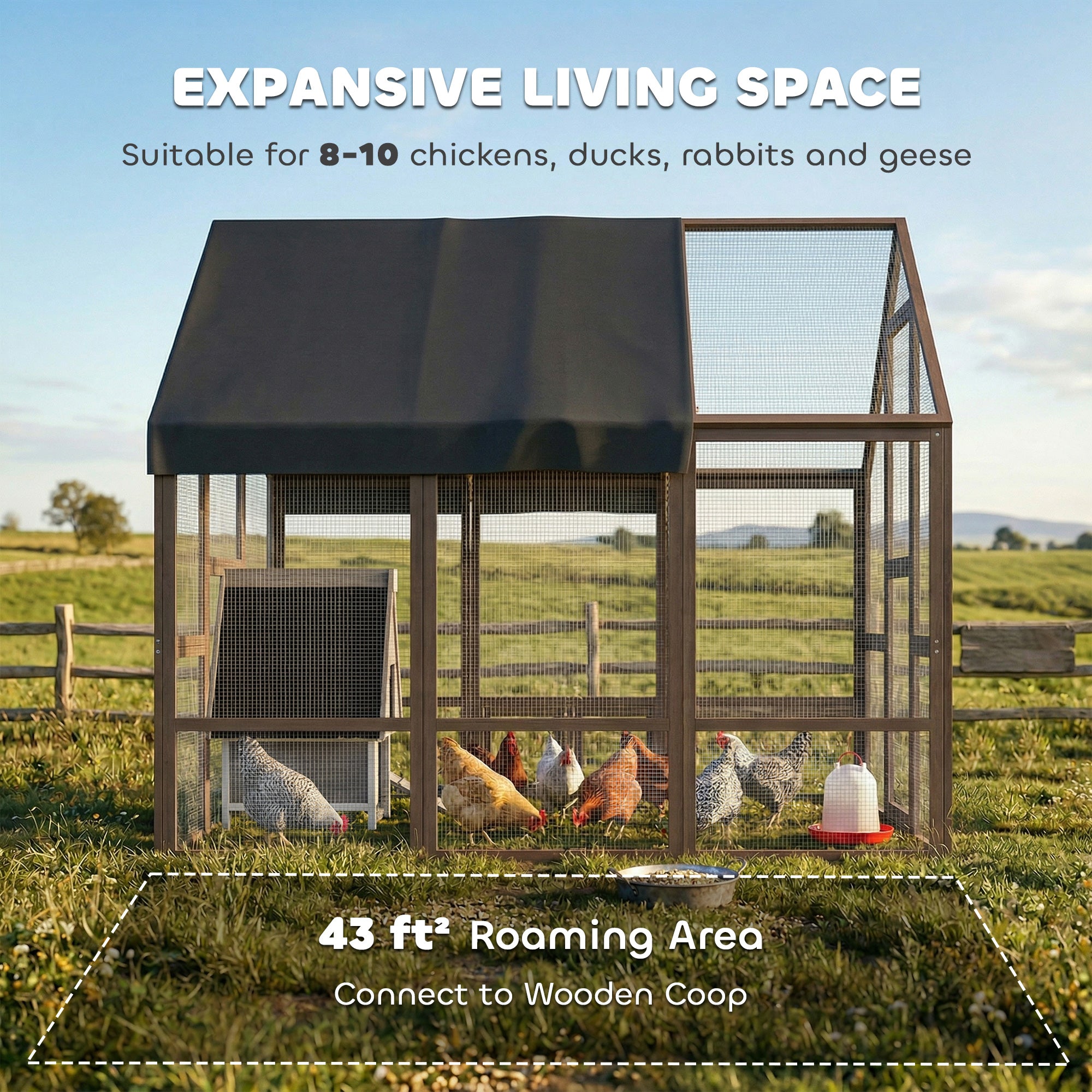 Large Wooden Chicken Coop for 8-10 Hens, Walk-in Chicken Run with Waterproof Cover, Nesting Boxes and Perches