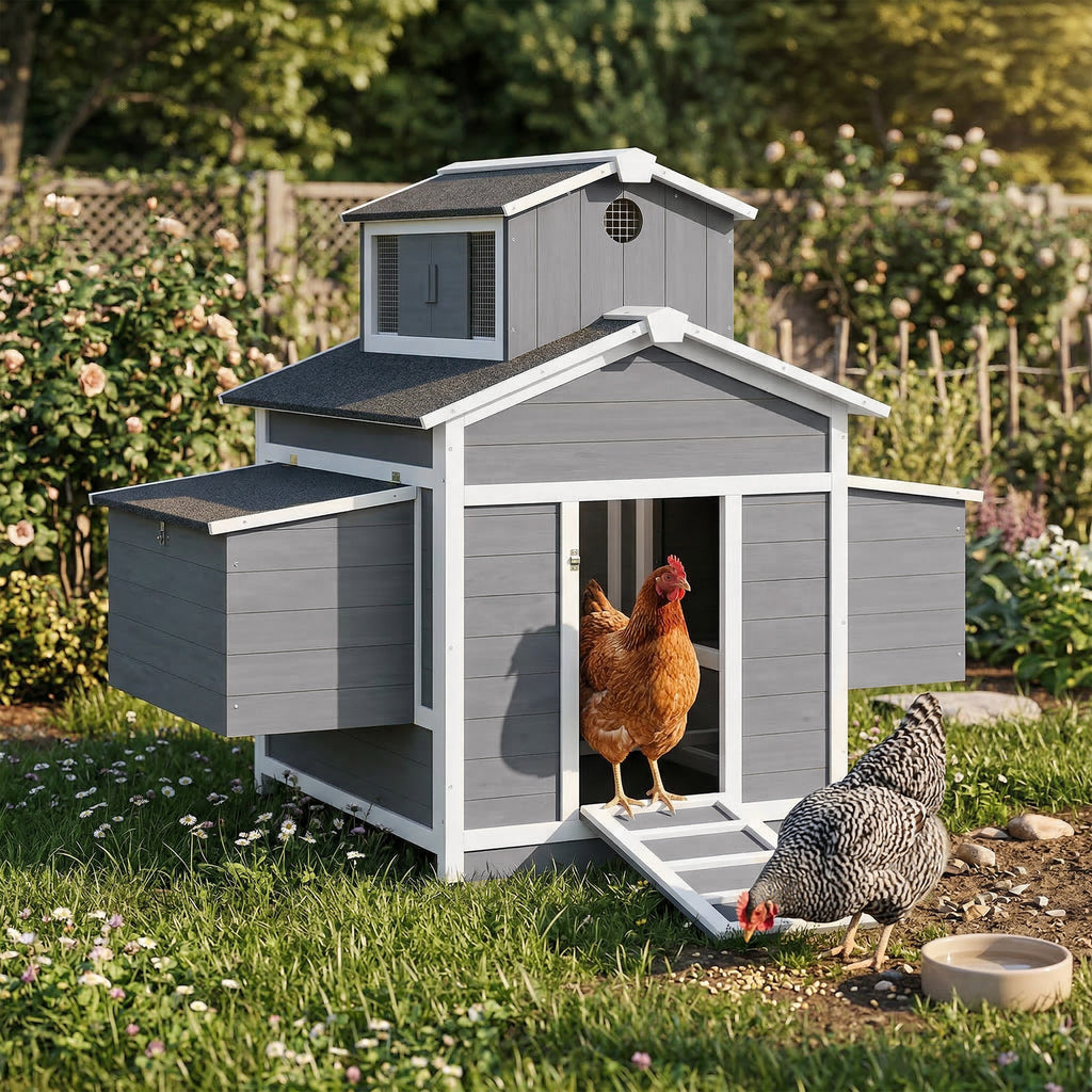 Chicken Coop for 2 Chickens, Wooden Hen House with Nesting Box, Pull-Out Tray, Ventilation Windows