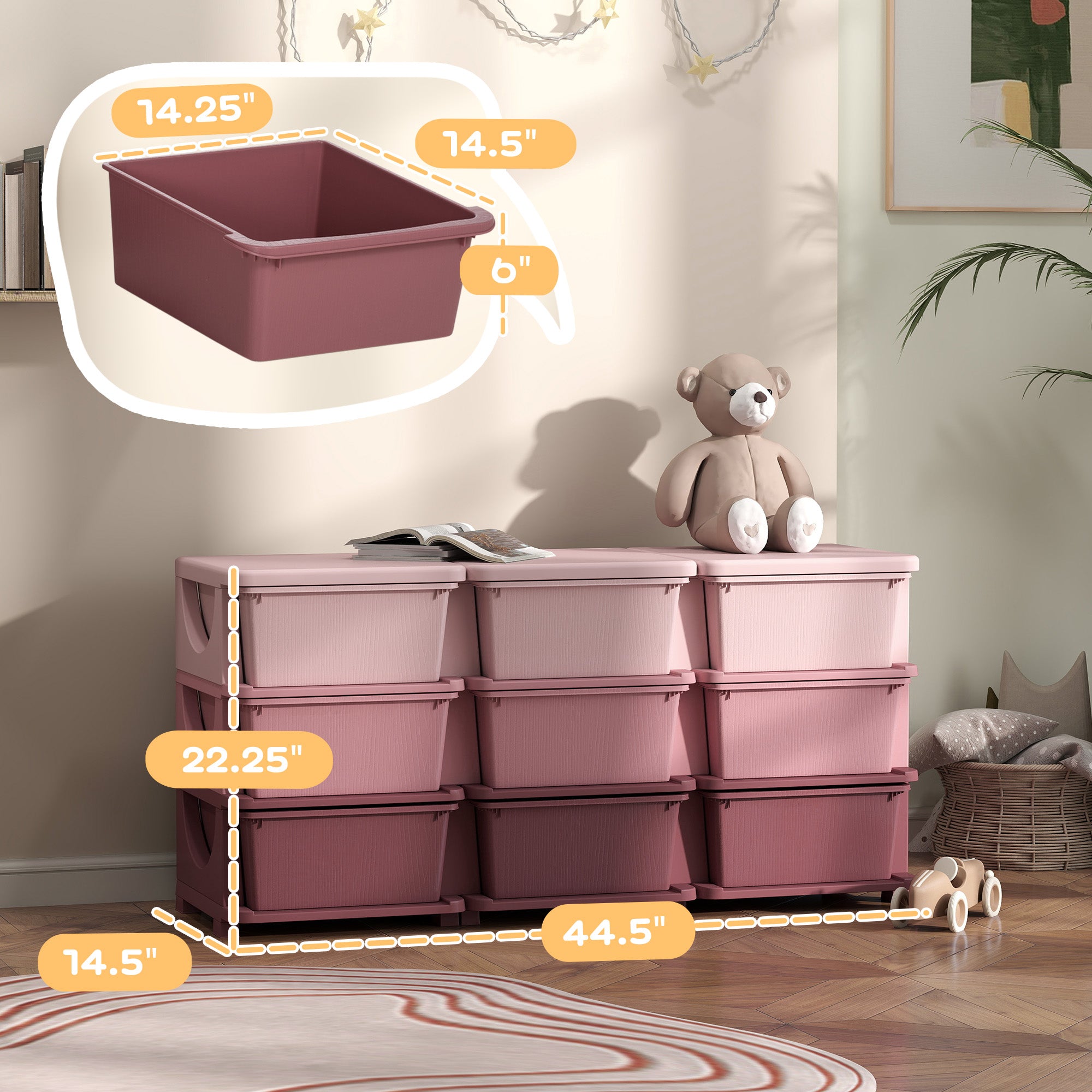 29.5" 3 Tier Kids Storage Unit Dresser Tower w/ 9 Drawers, Pink
