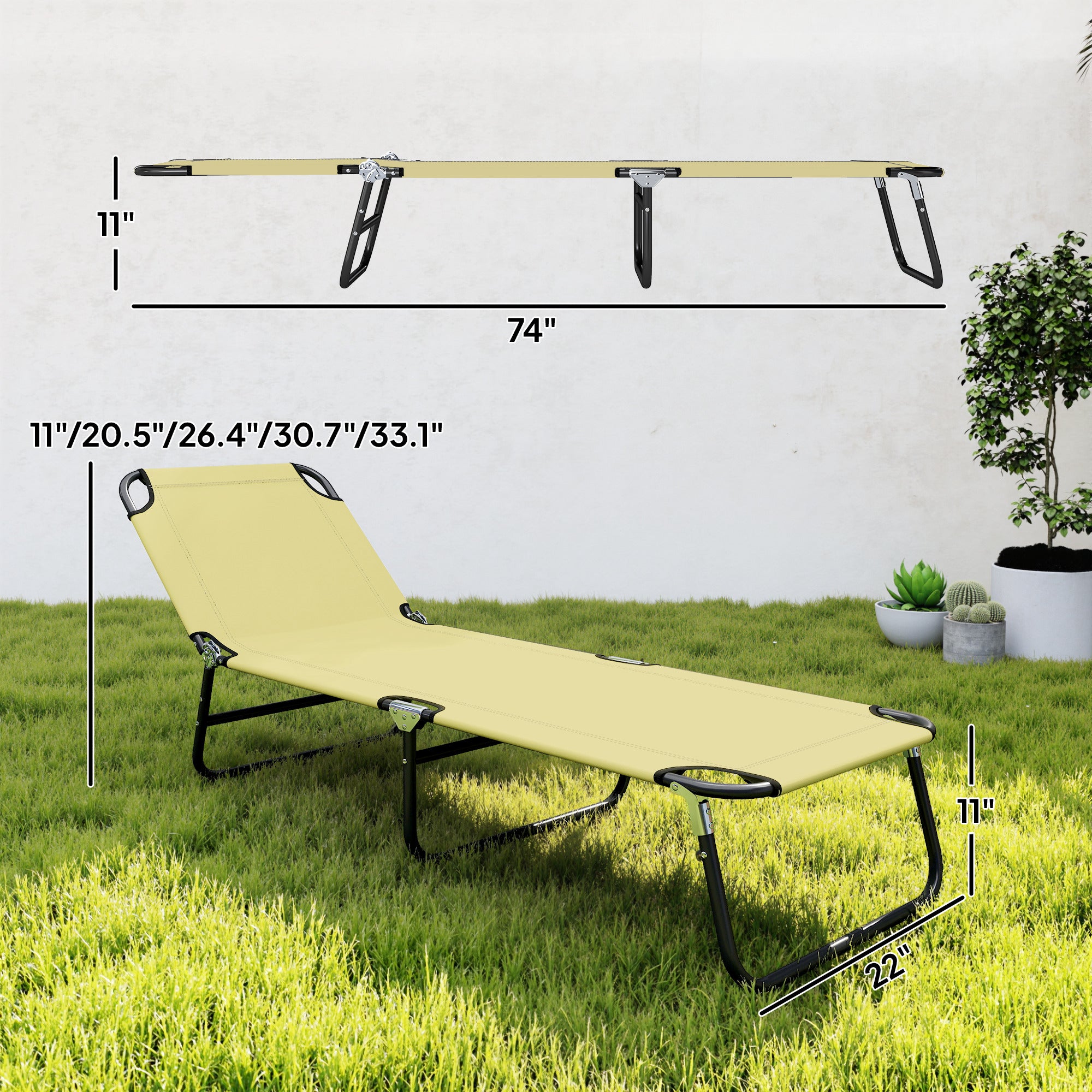 Folding Chaise Lounge Pool Chairs, Outdoor Sun Tanning Chairs with 5-Level Reclining Back, Steel Frame for Beach, Yard, Patio, Beige
