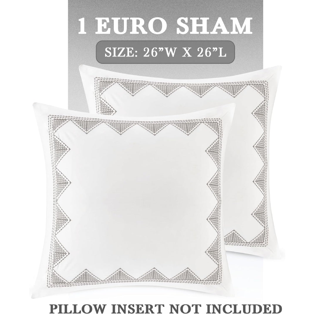 Cotton Embroidered Euro Sham with Antimicrobial Treatment, Hidden Zipper, Pillow Cover with Geometric Design, 26" L x 26" W x 0.13" H, White