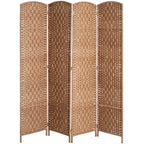 Room Divider 4 Panel, 6FT Tall Folding Privacy Screen, Freestanding Hand-Woven Partition for Room Separation with 360° Hinges, Paper Rope Diamond Weave, Natural