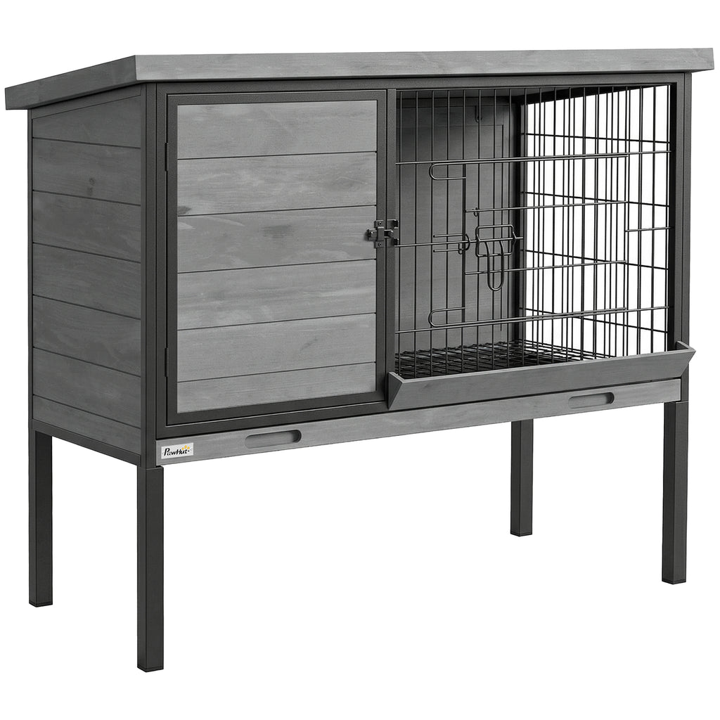 Elevated Rabbit Hutch Outdoor, Wooden Rabbit Cage Bunny House with Pull-out Tray and Openable Plastic Roof