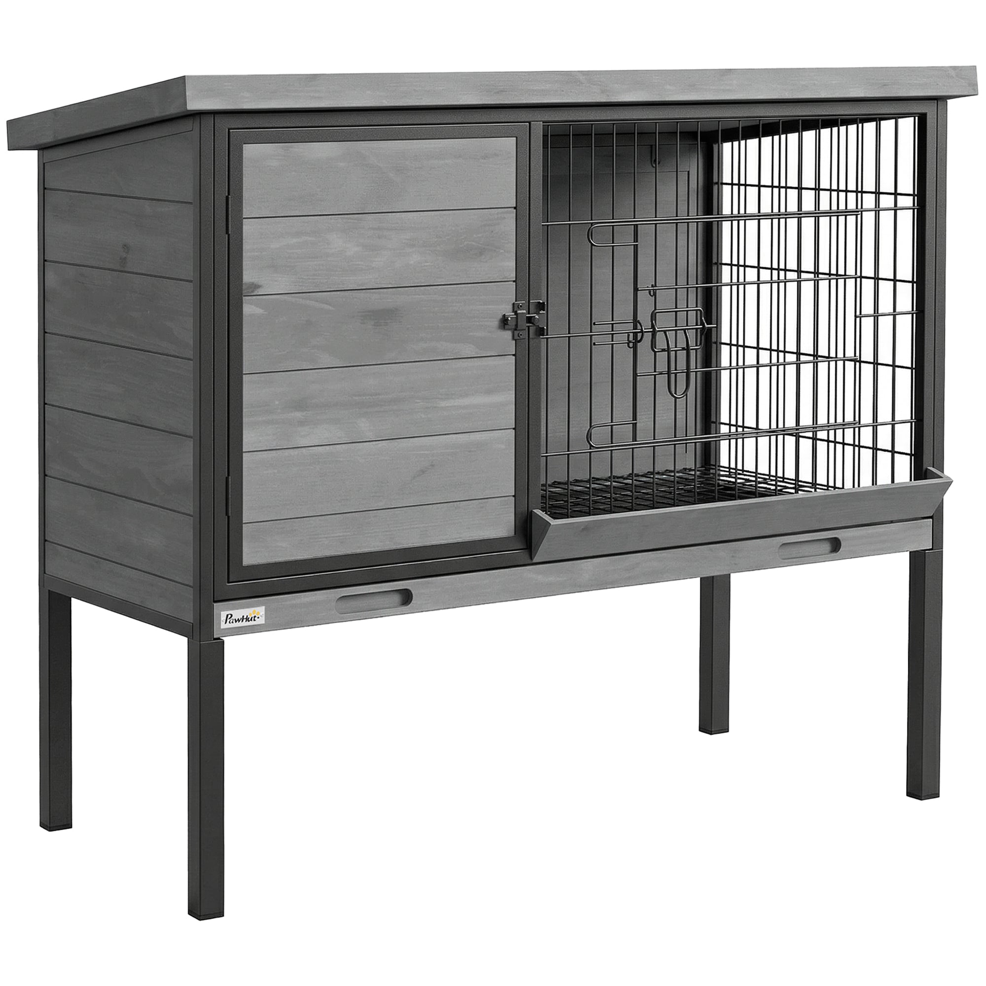 Elevated Rabbit Hutch Outdoor, Wooden Rabbit Cage Bunny House with Pull-out Tray and Openable Plastic Roof