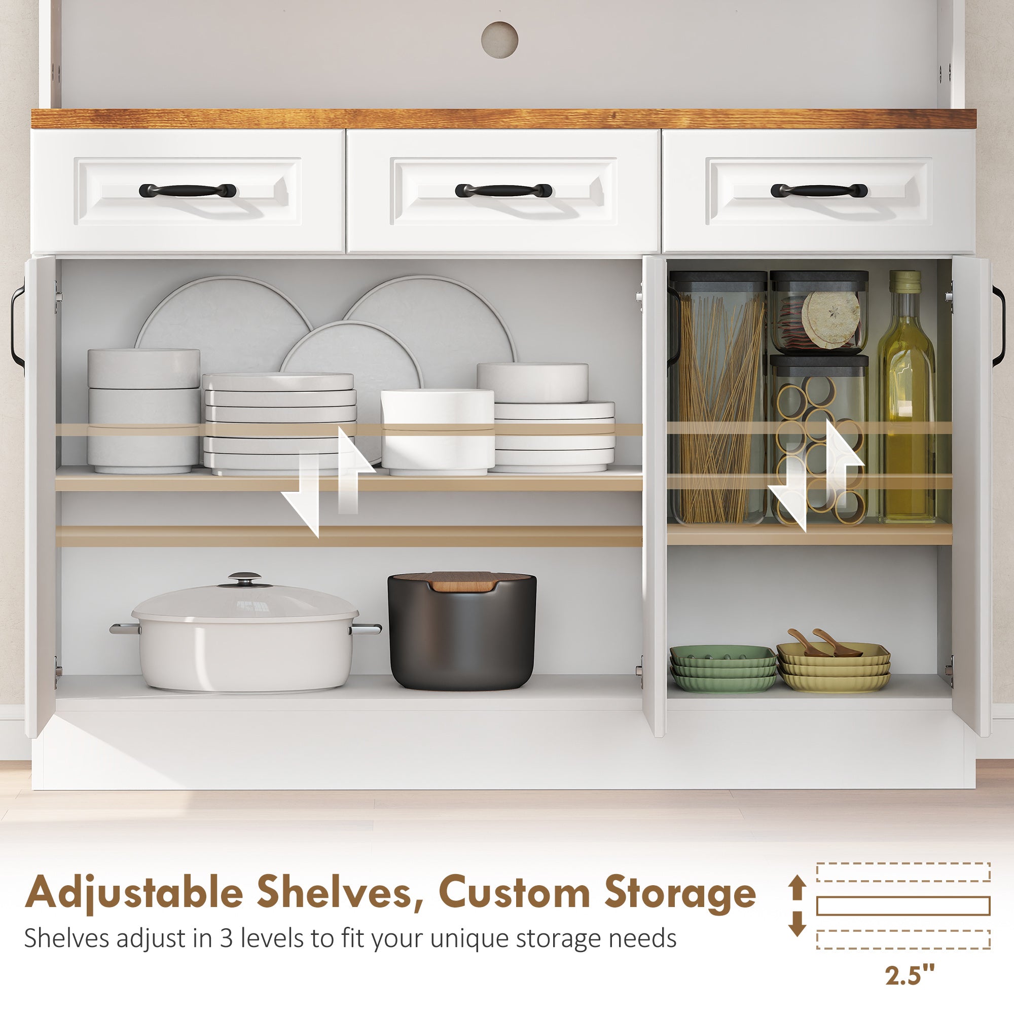 71" Kitchen Pantry Cabinet, Freestanding Farmhouse Storage Cabinet with Wide 2-Tier Microwave Stand Countertop, 3 Drawers, 6 Soft Closing Doors, and Adjustable Shelves, Cable Management, White
