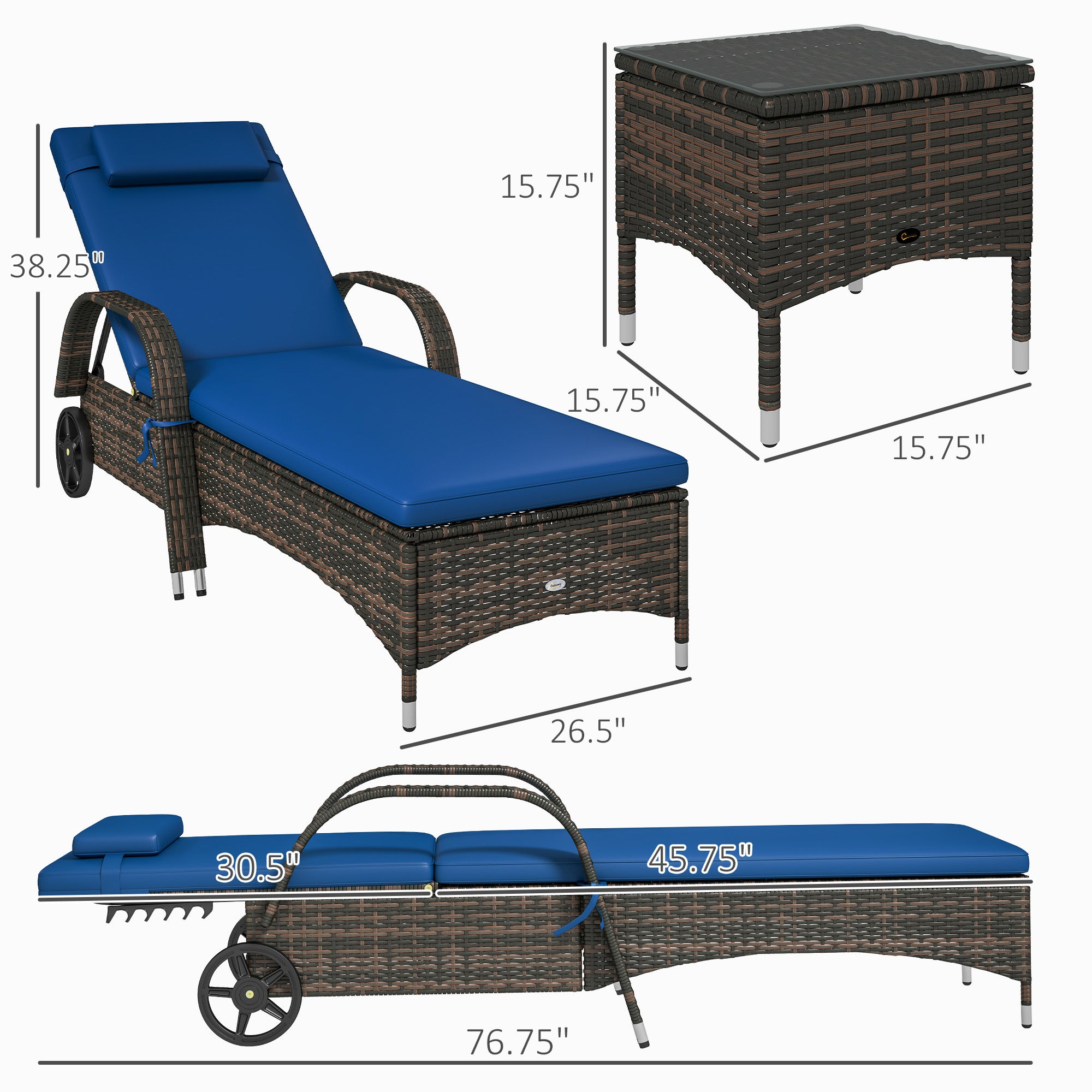 Patio Wicker Chaise Lounge Chair Set of 2 with Table, Adjustable Backrest, Wheels, Cushion & Headrest, Blue