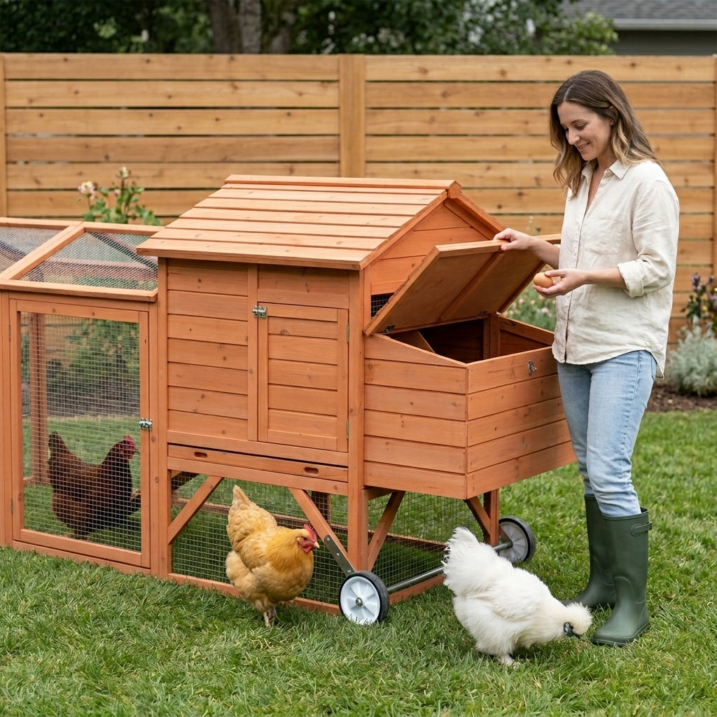 96.5" Chicken Coop Wooden Hen House Poultry Cage Pen Portable with Wheels and Nesting Box, Chicken Cage for Backyard Outdoor, Natural