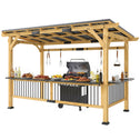 13' x 6' Wooden BBQ Grill Gazebo, Outdoor Hardtop Grill Gazebo with Metal Roof, 2 Bar Shelves and 6 Hooks, Natural