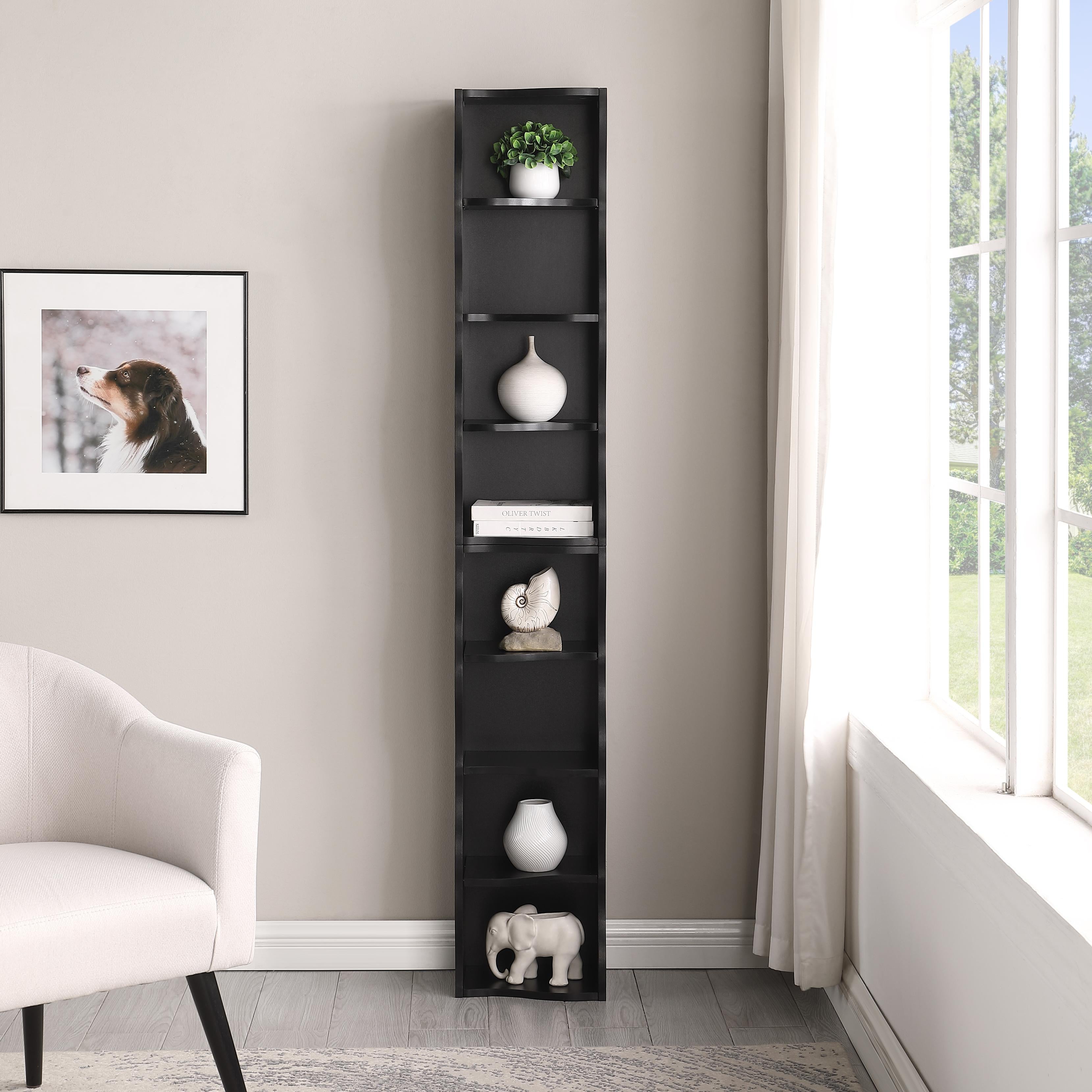 8-Tier Adjustable Slim Bookcase with Wavy Edge Design, Anti-Tip Hardware, Detachable Cabinets for Home Storage, 11.5" L x 9.5" W x 71" H, Black
