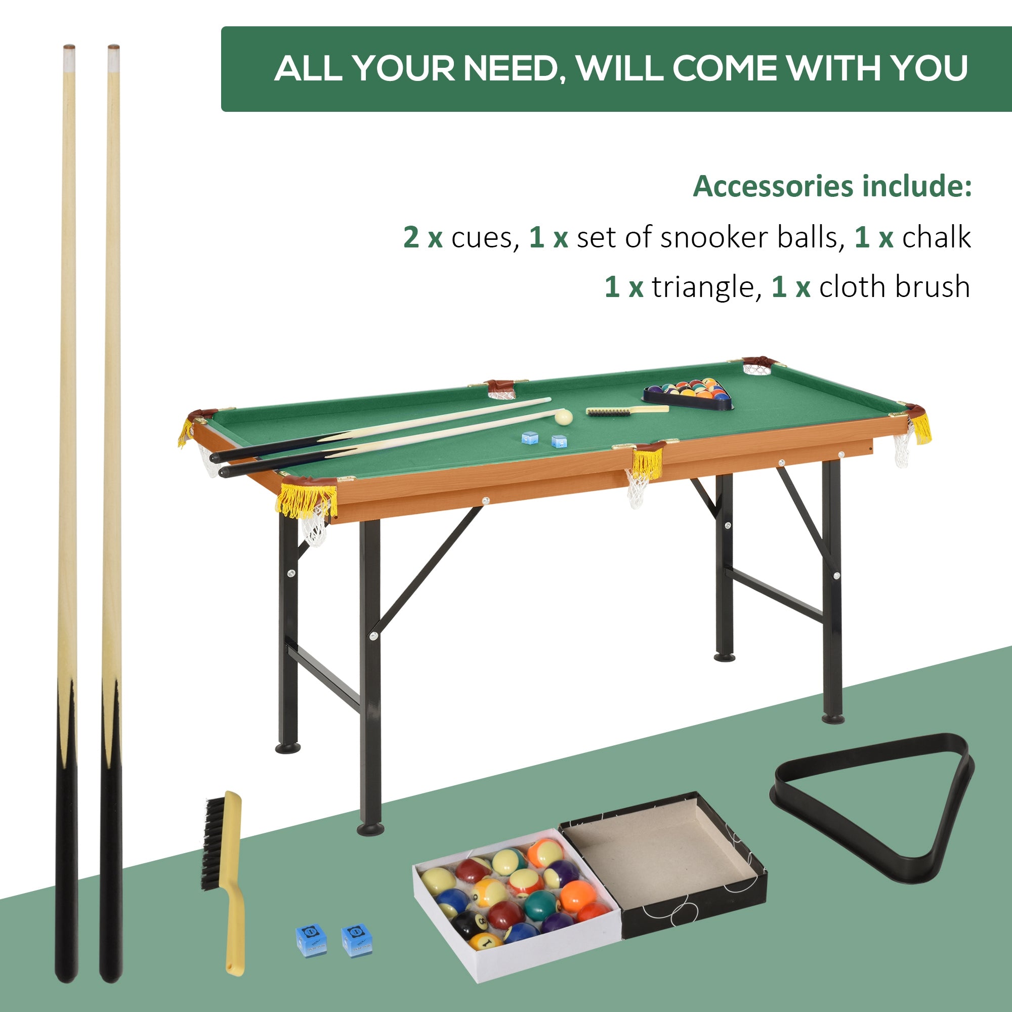 55'' Portable Folding Billiards Table Game Pool Table for Whole Family Number Use With Cues, Ball, Rack, Green