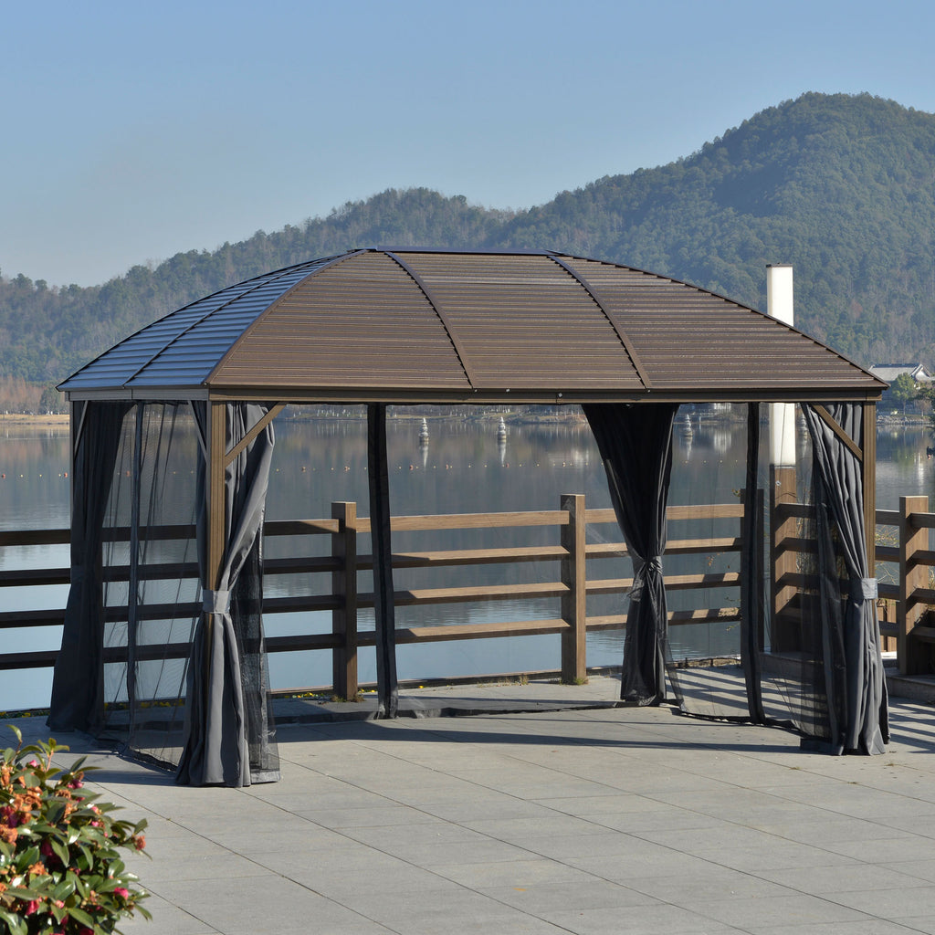 10' x 13' Hardtop Gazebo with Curtains, Netting, Pavilion with Steel Roof Ceiling Hook for Garden Patio, Gray