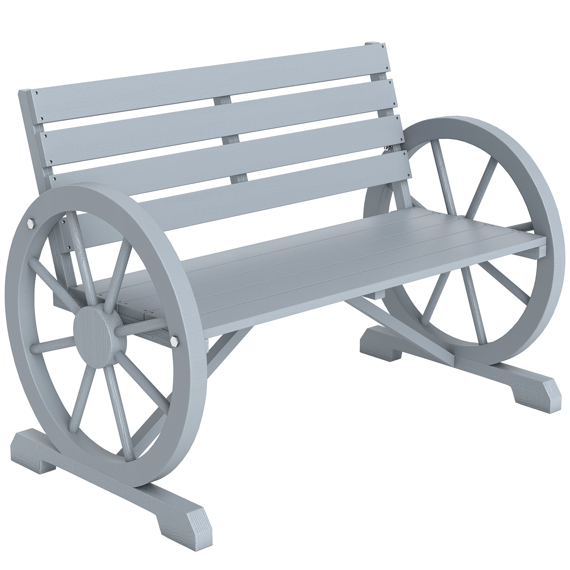 41" Wooden Wagon Wheel Bench, Rustic Outdoor Patio Bench Weather Resistance Furniture, 2-Person Slatted Seat with Backrest, Light Gray