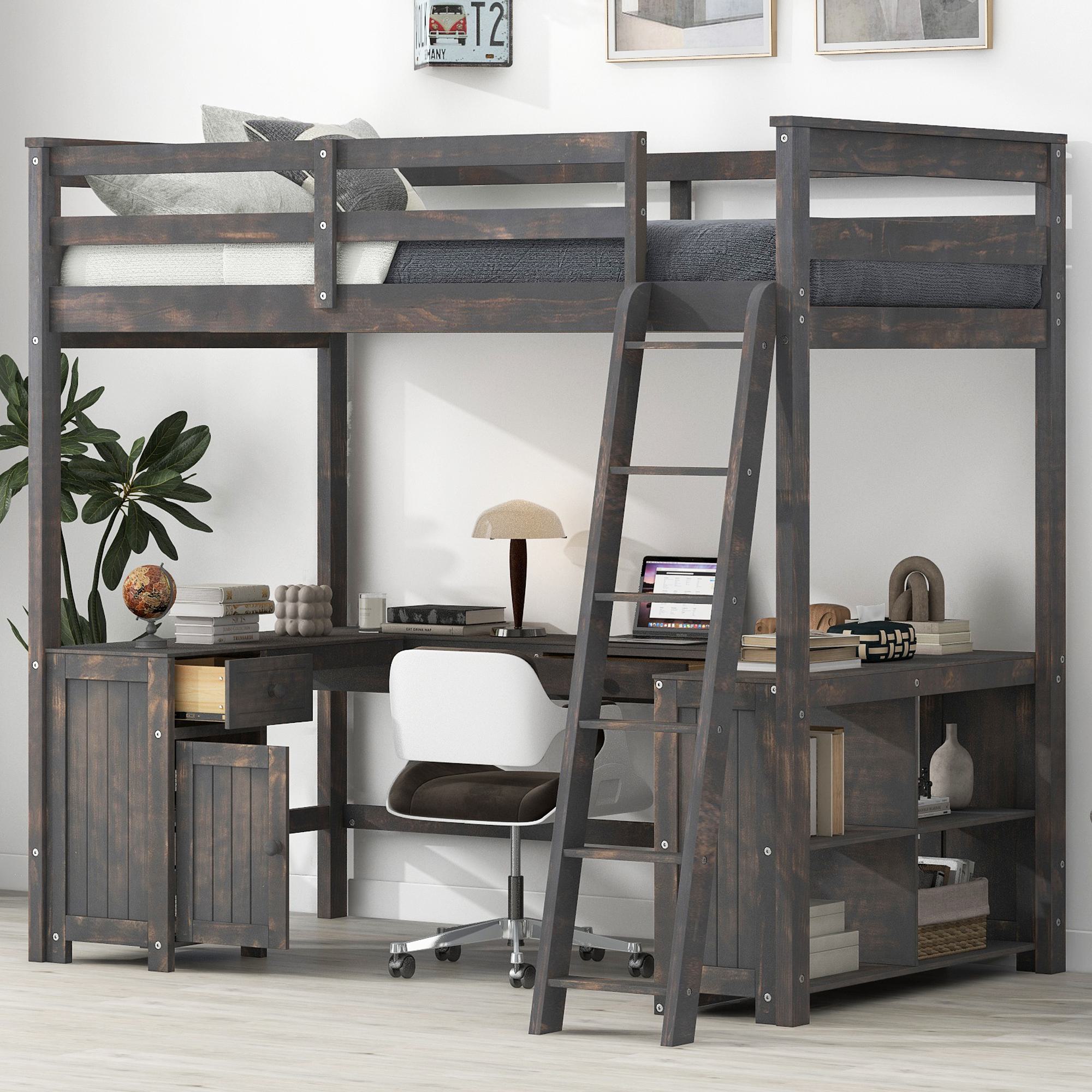 Full Size Loft Bed with U-shaped Desk, Drawers, Storage Shelves, and Sturdy Wood Frame, 77.5" L x 70" W x 75.5" H, Antique Brown