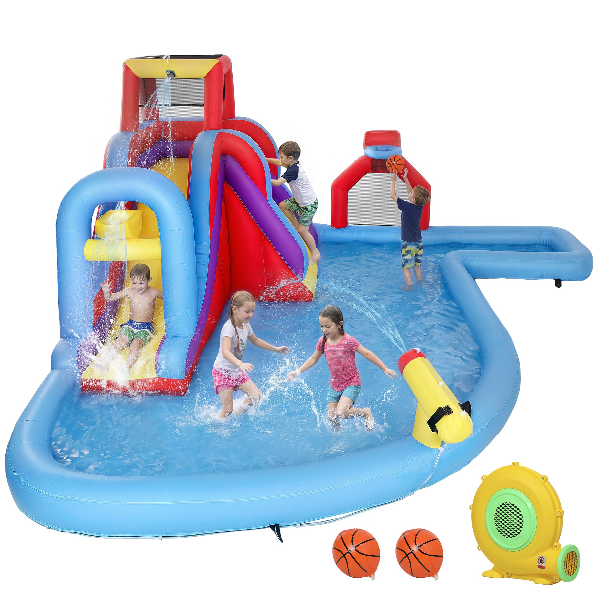 Inflatable Water Slide 6 in 1 with 480W Blower, Bounce House with Climbing Wall, Splashing Pool, Basketball Hoop