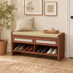 Shoe Bench with Cushioned Seat Shoe Storage Bench with 2 Rattan Drawers and Open Shelf Brown