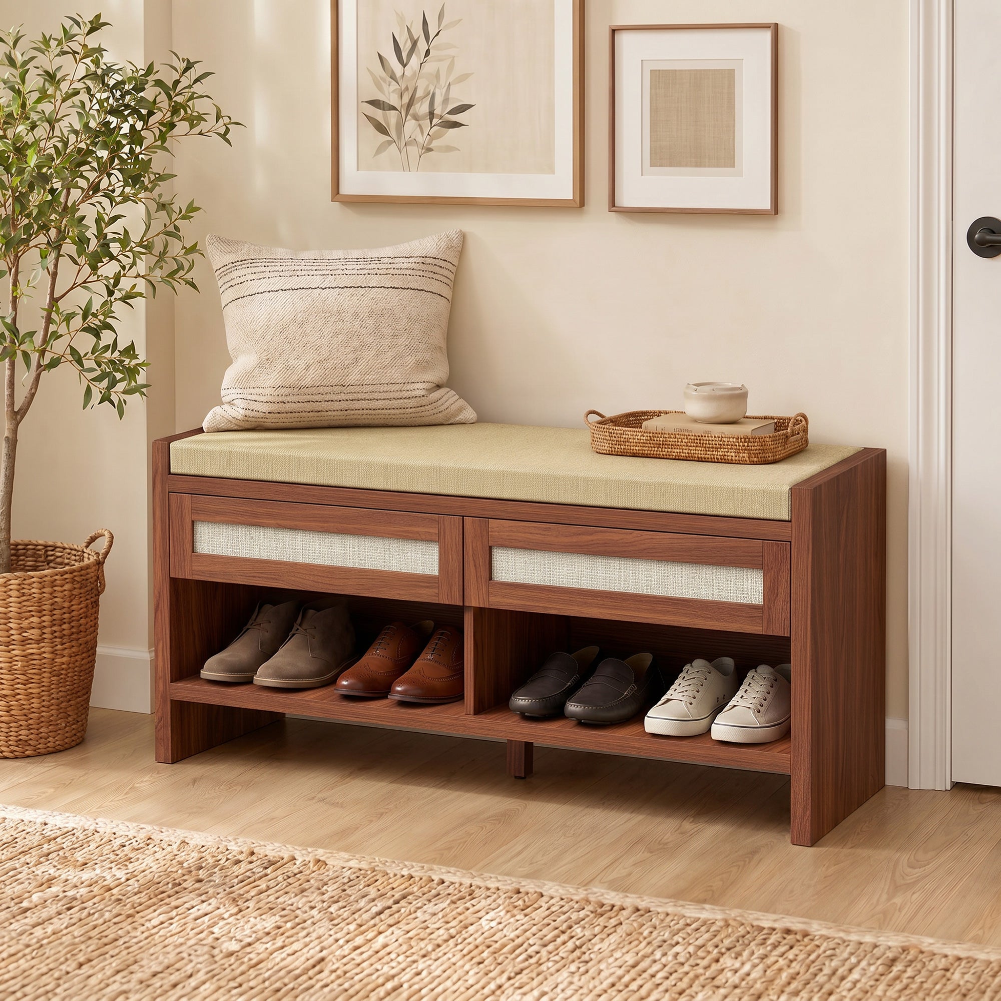 Shoe Bench with Cushioned Seat Shoe Storage Bench with 2 Rattan Drawers and Open Shelf Brown