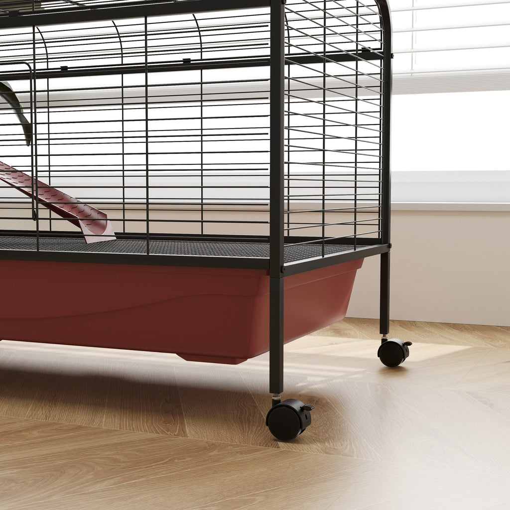 48" L Small Animal Cage, Pet Play House for Rabbit Hutch or Ferret with Feeder, Rolling Wheels, Platform, Ramp
