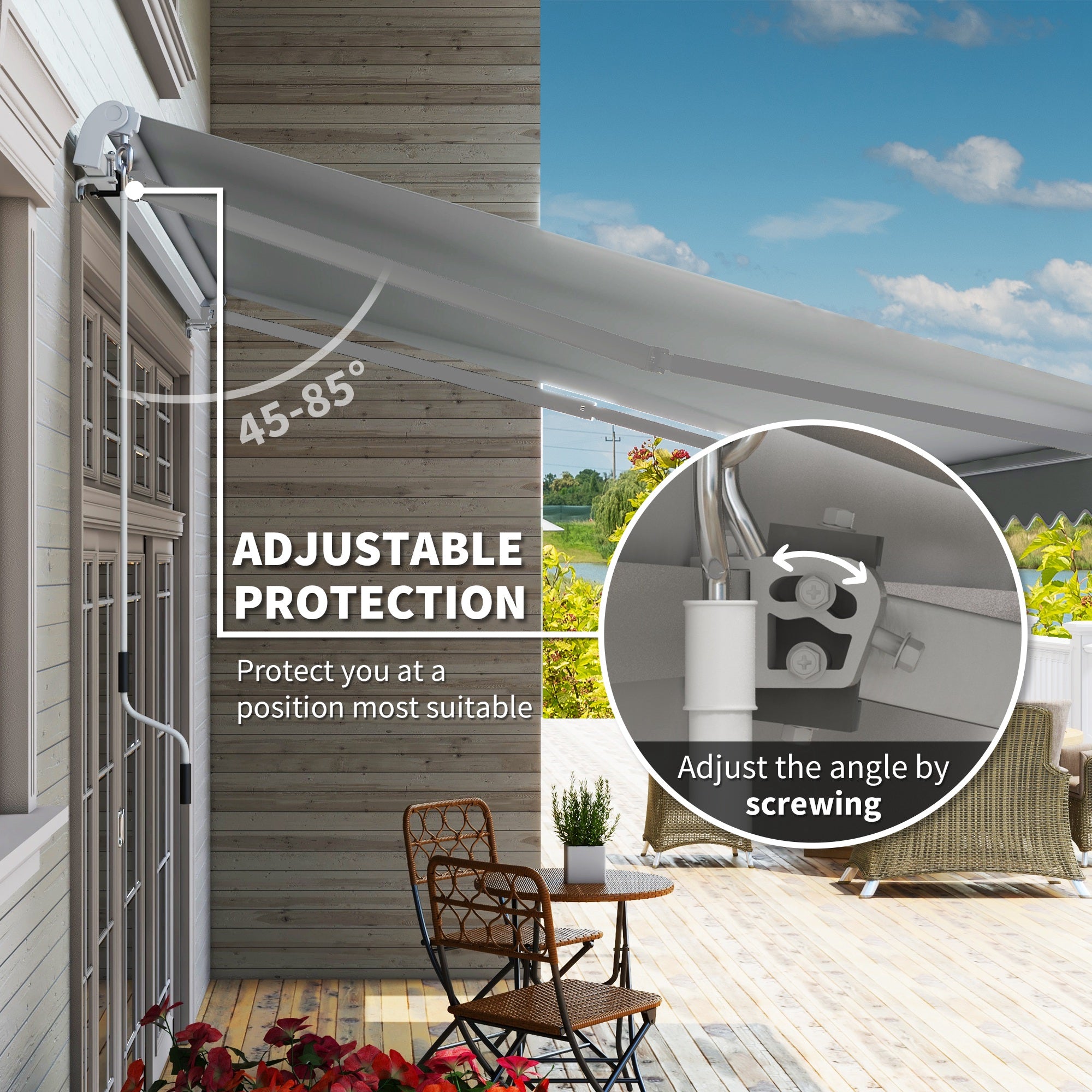 12' x 8' Retractable Awning Patio Awnings Sun Shade Shelter with Manual Crank Handle, 280g/m² UV & Water-Resistant Fabric and Aluminum Frame for Deck, Balcony, Yard, Light gray