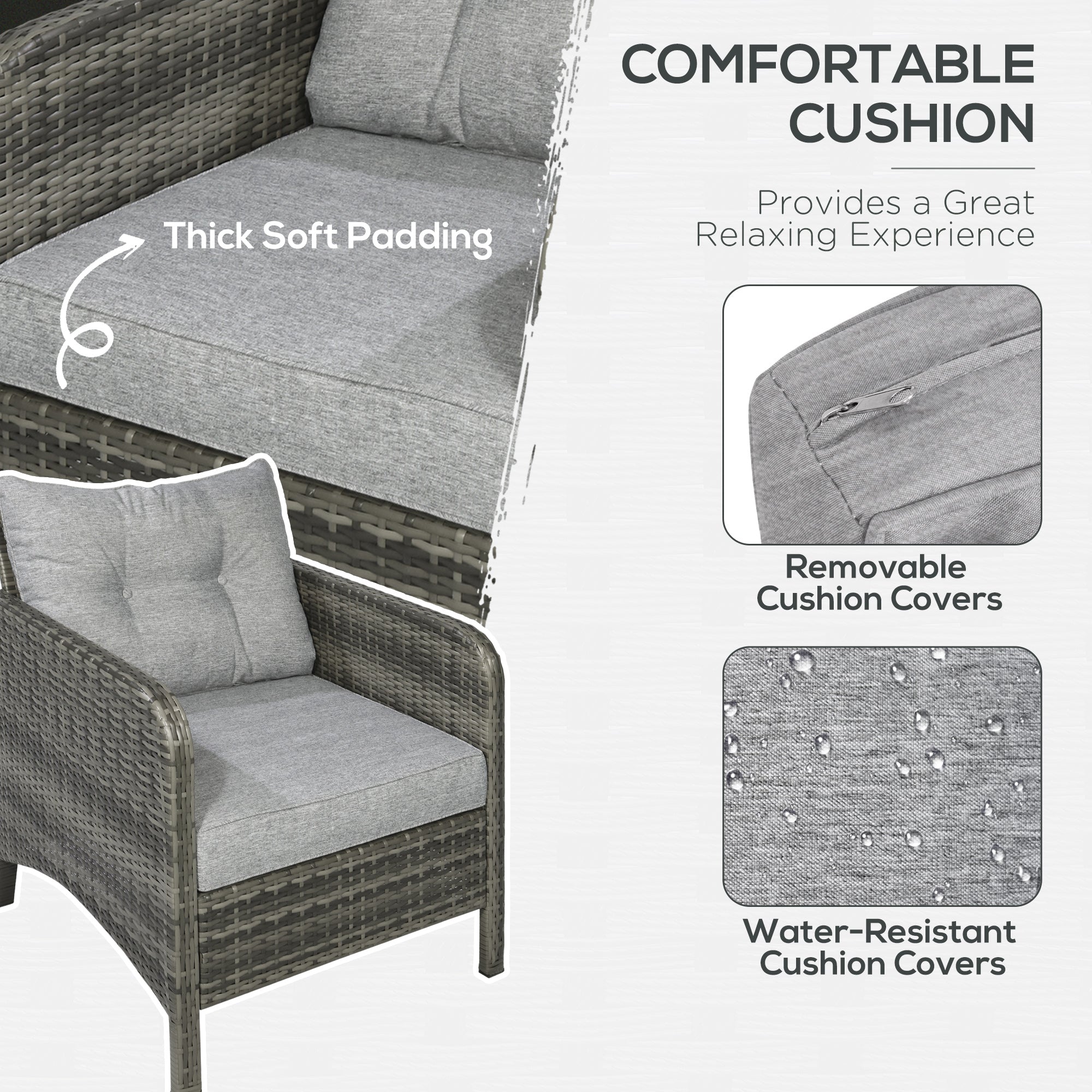5 Pieces Rattan Wicker Lounge Chair Outdoor Patio Conversation Set with 2 Cushioned Chairs, 2 Ottomans and Tempered Glass Top Coffee Table, Gray/Light Gray